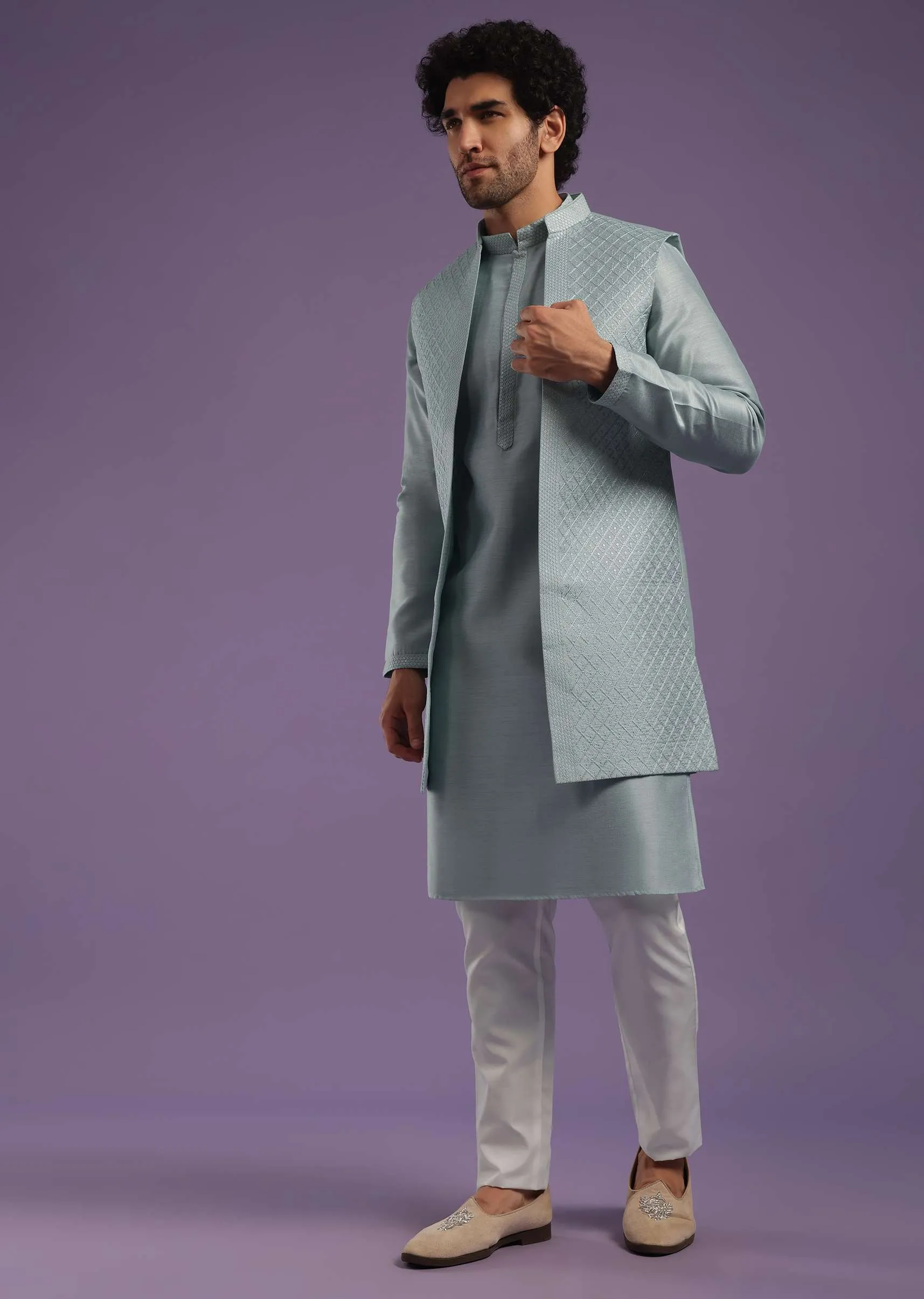 Airforce Blue Jacket Kurta Set In Silk With Resham And Thread Work