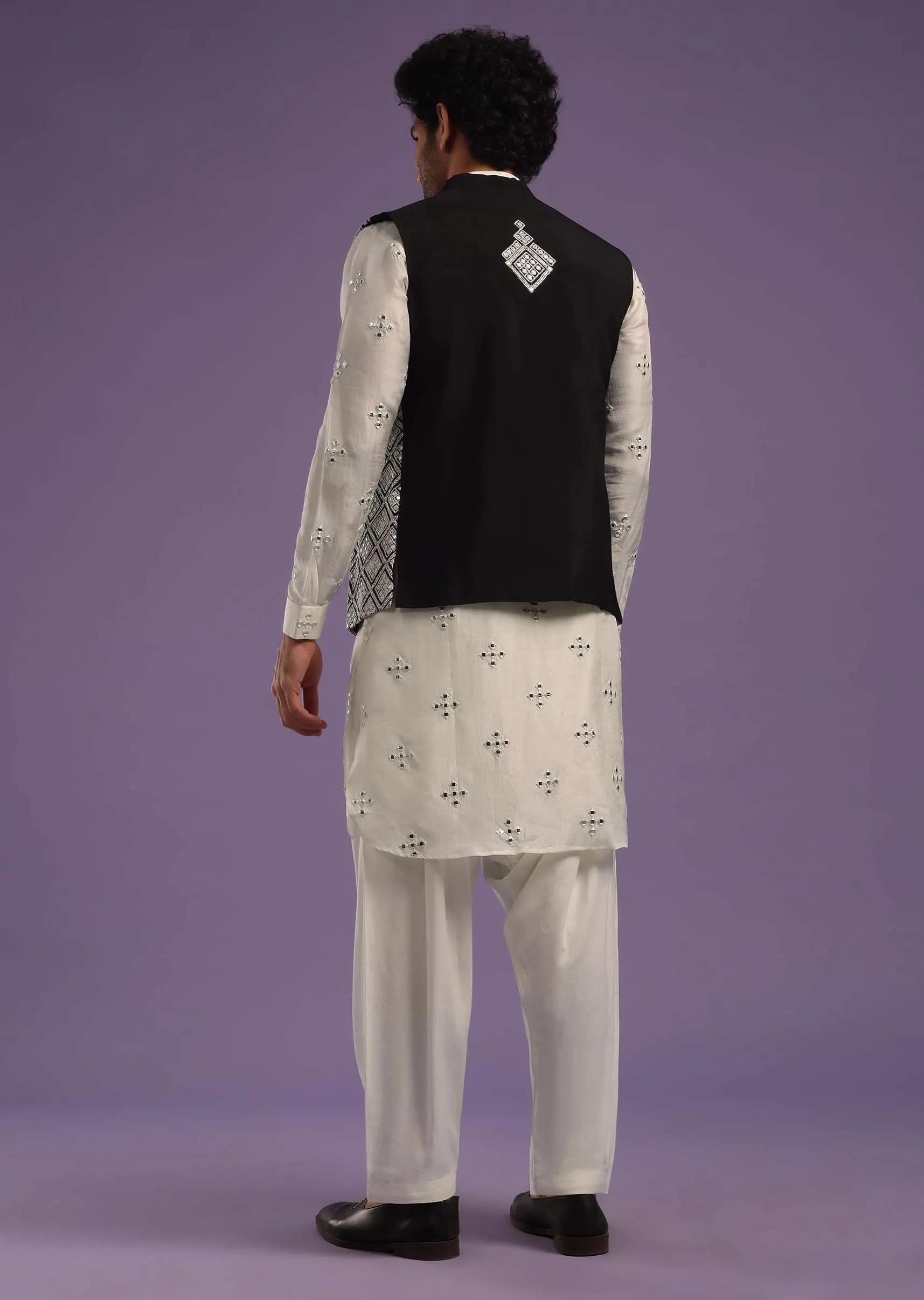 Black Jacket And Pearl White Kurta Set In Cotton Silk With Mirror Embroidery