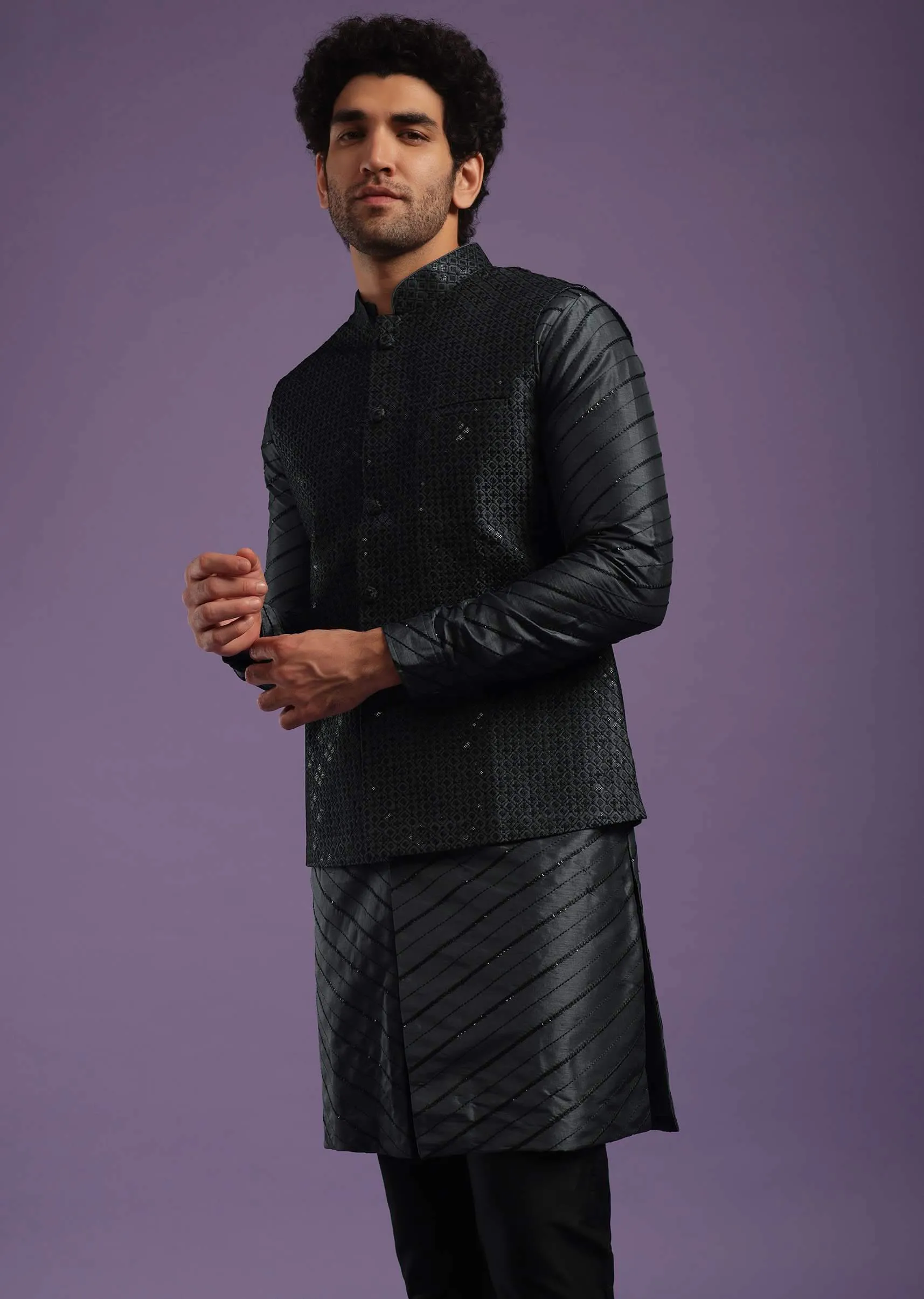 Black Jacket Kurta Set In Cotton Silk With Sequins And Thread Work