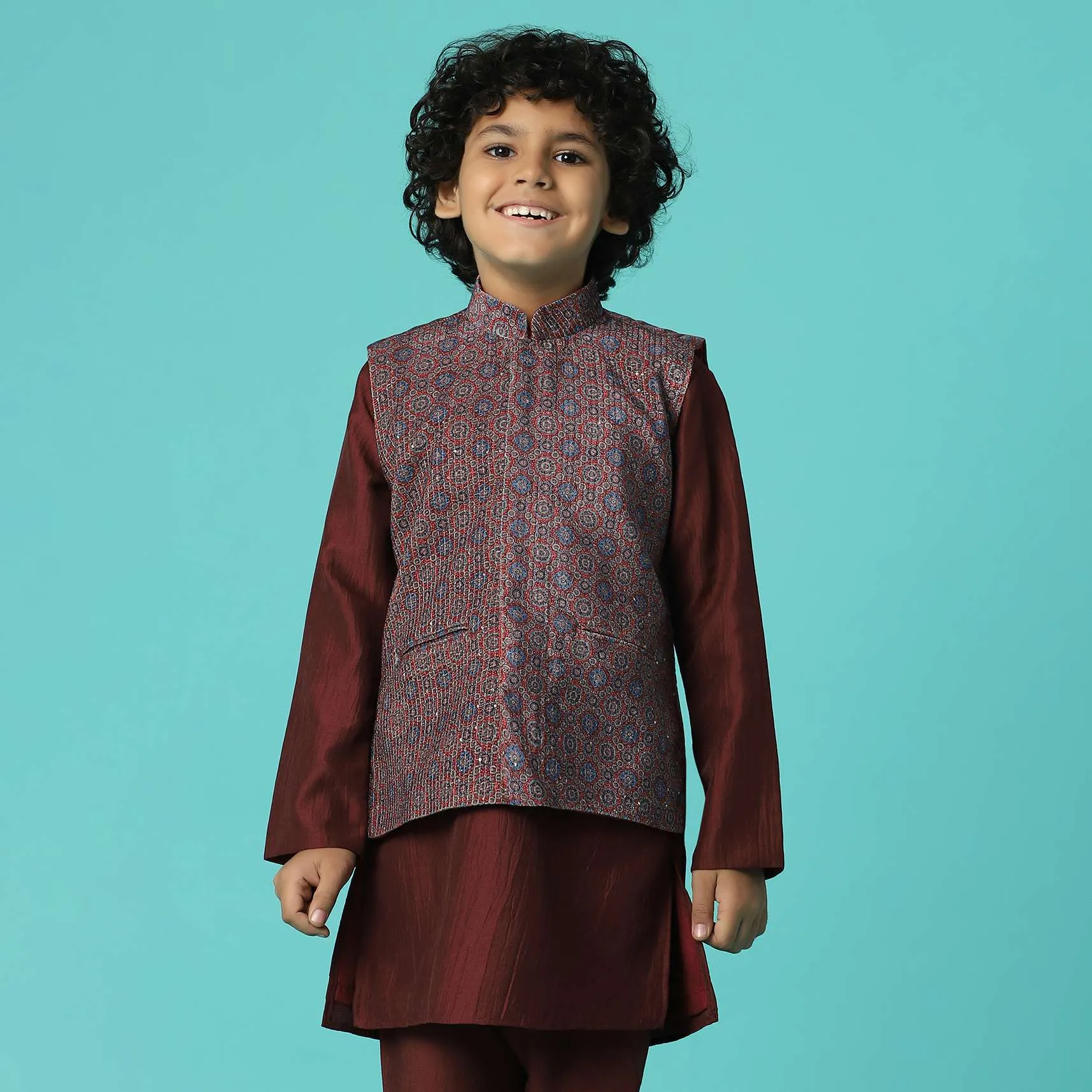 Blood Red Jacket Kurta Set In Silk With Sequins Embroidery
