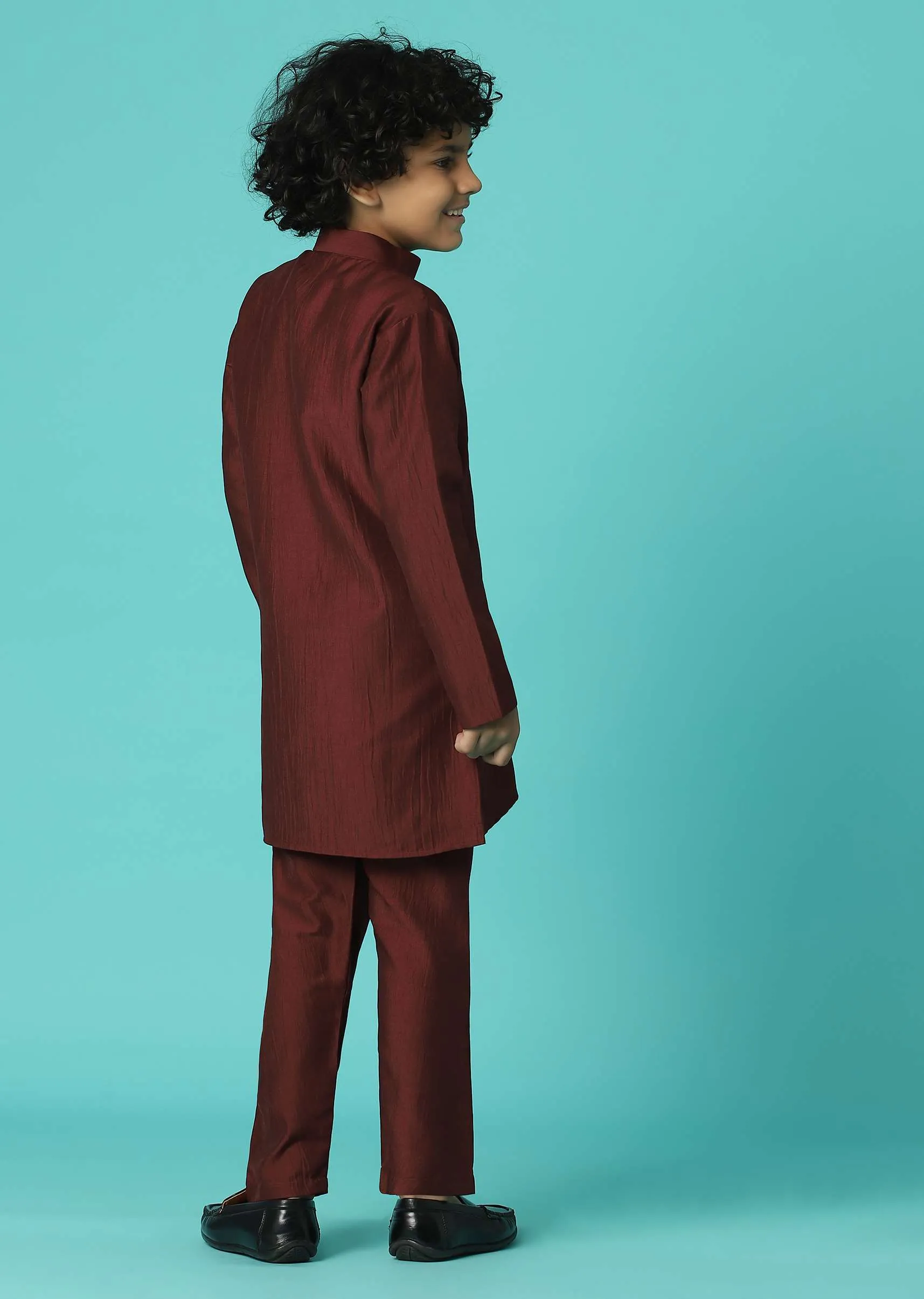 Blood Red Jacket Kurta Set In Silk With Sequins Embroidery