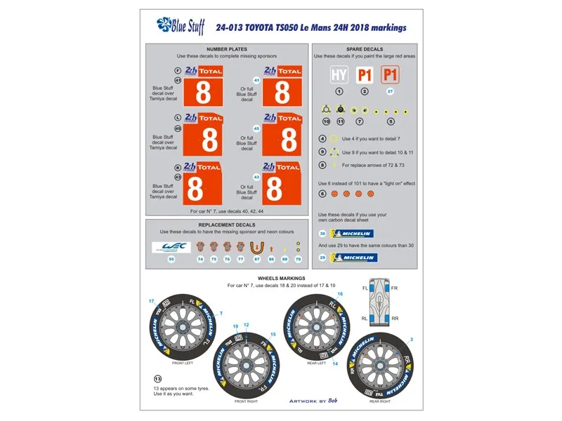 Blue Stuff Toyota TS050 Hybrid Le Mans 2018 markings Decals - 1/24 Scale