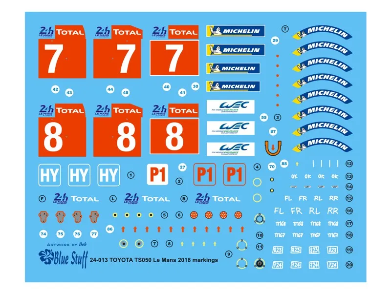 Blue Stuff Toyota TS050 Hybrid Le Mans 2018 markings Decals - 1/24 Scale