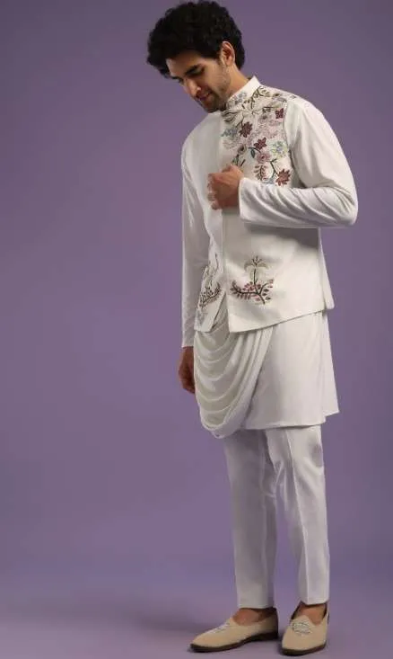 Daisy White Jacket Kurta Set In Rayon With Thread Embroidery In A Floral Pattern