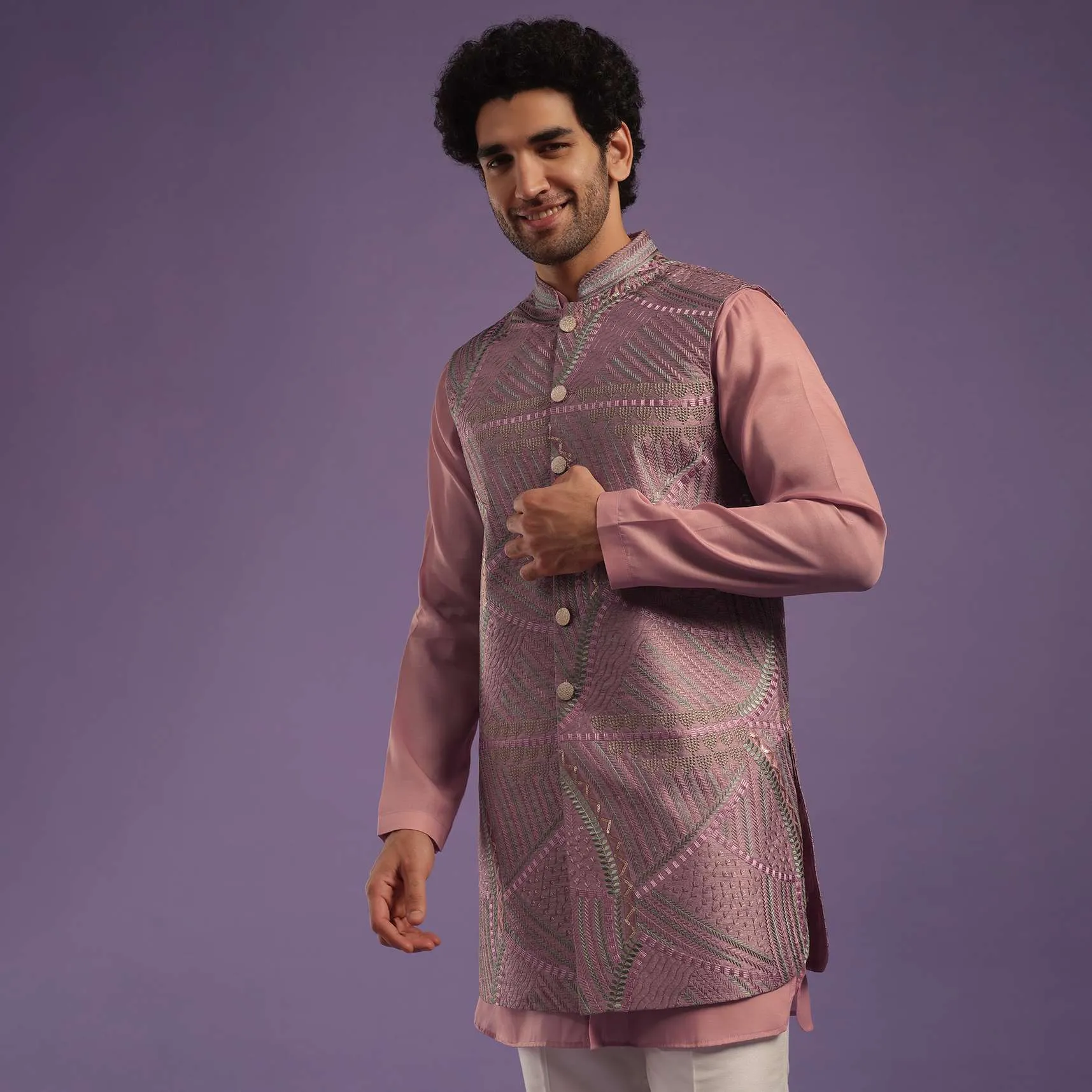 Dusty Pink Jacket Kurta Set In Art Silk With Machine Print And Thread Embroidery