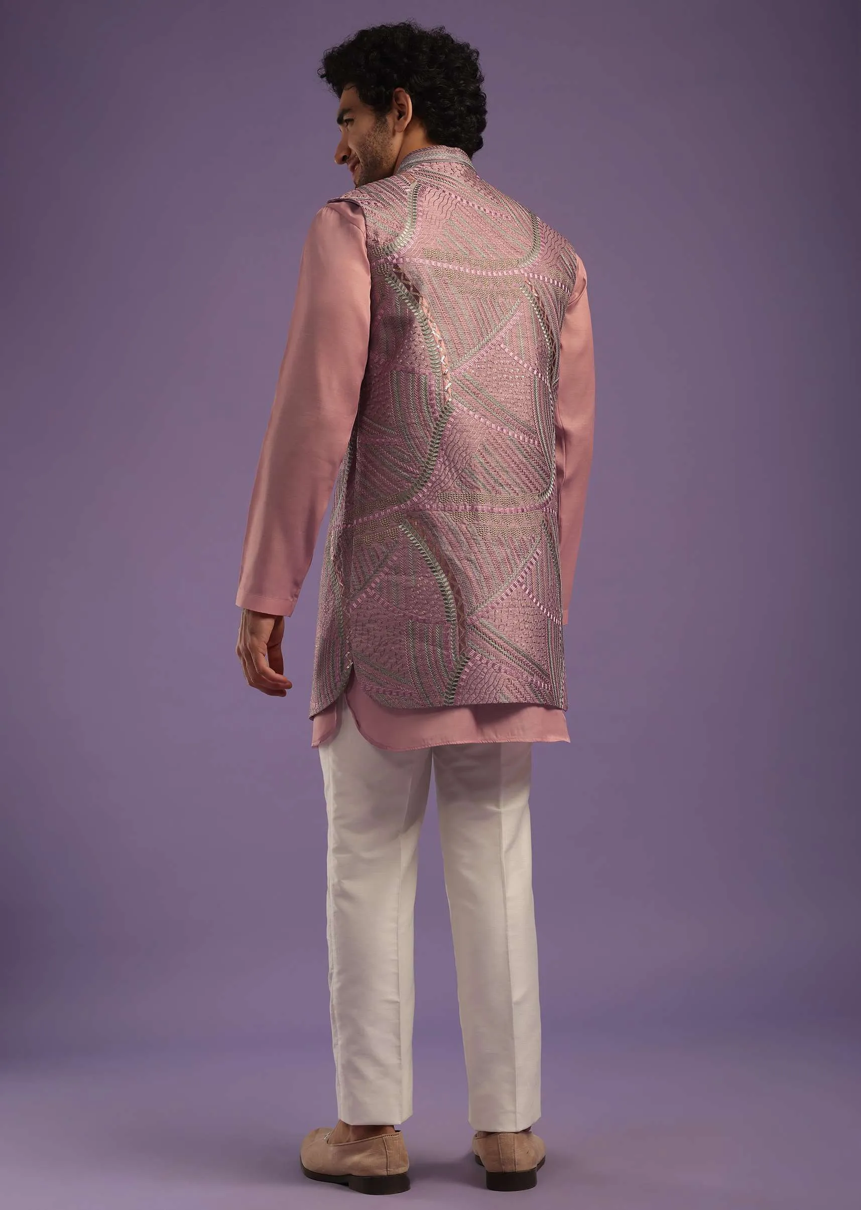 Dusty Pink Jacket Kurta Set In Art Silk With Machine Print And Thread Embroidery