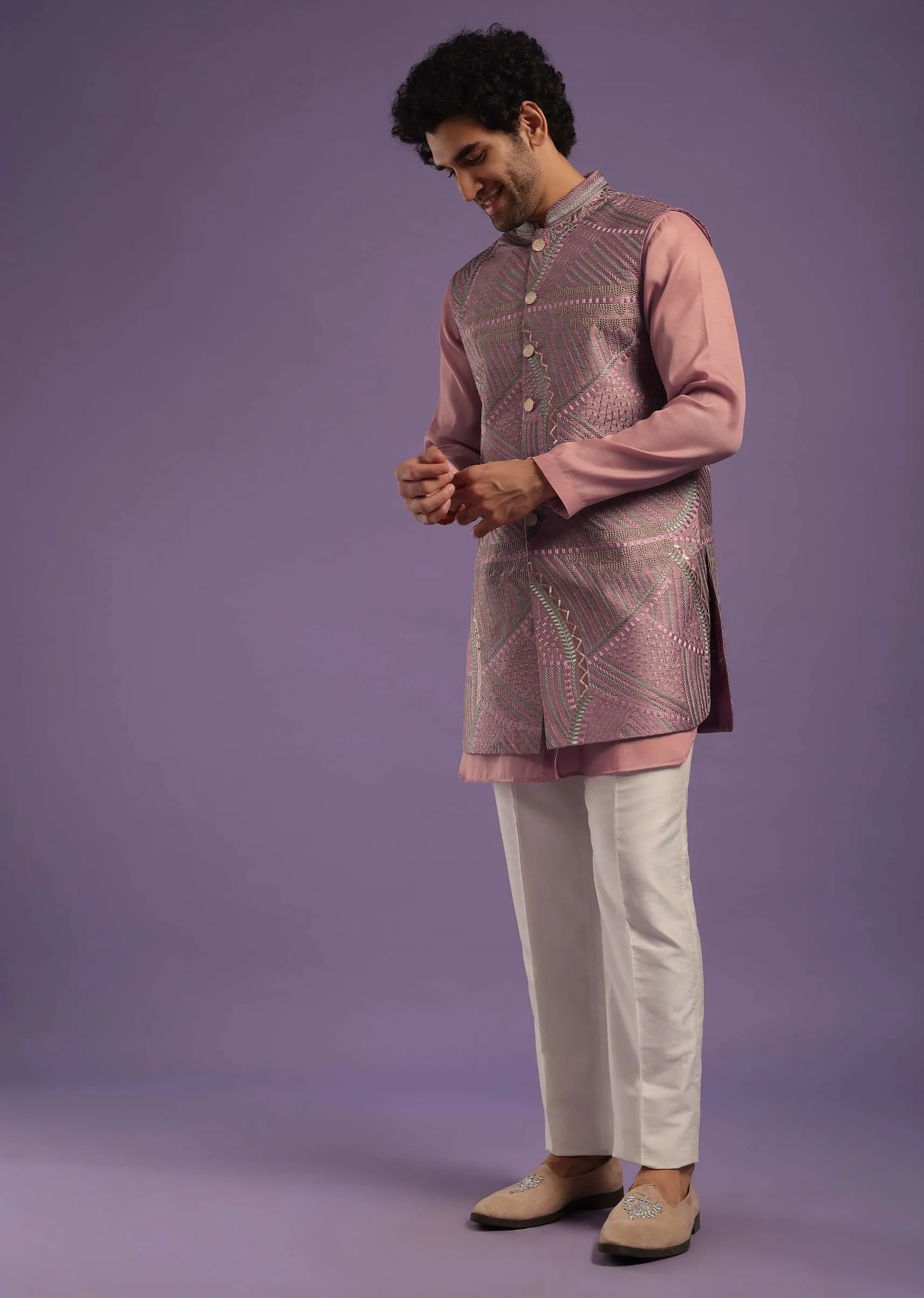 Dusty Pink Jacket Kurta Set In Art Silk With Machine Print And Thread Embroidery