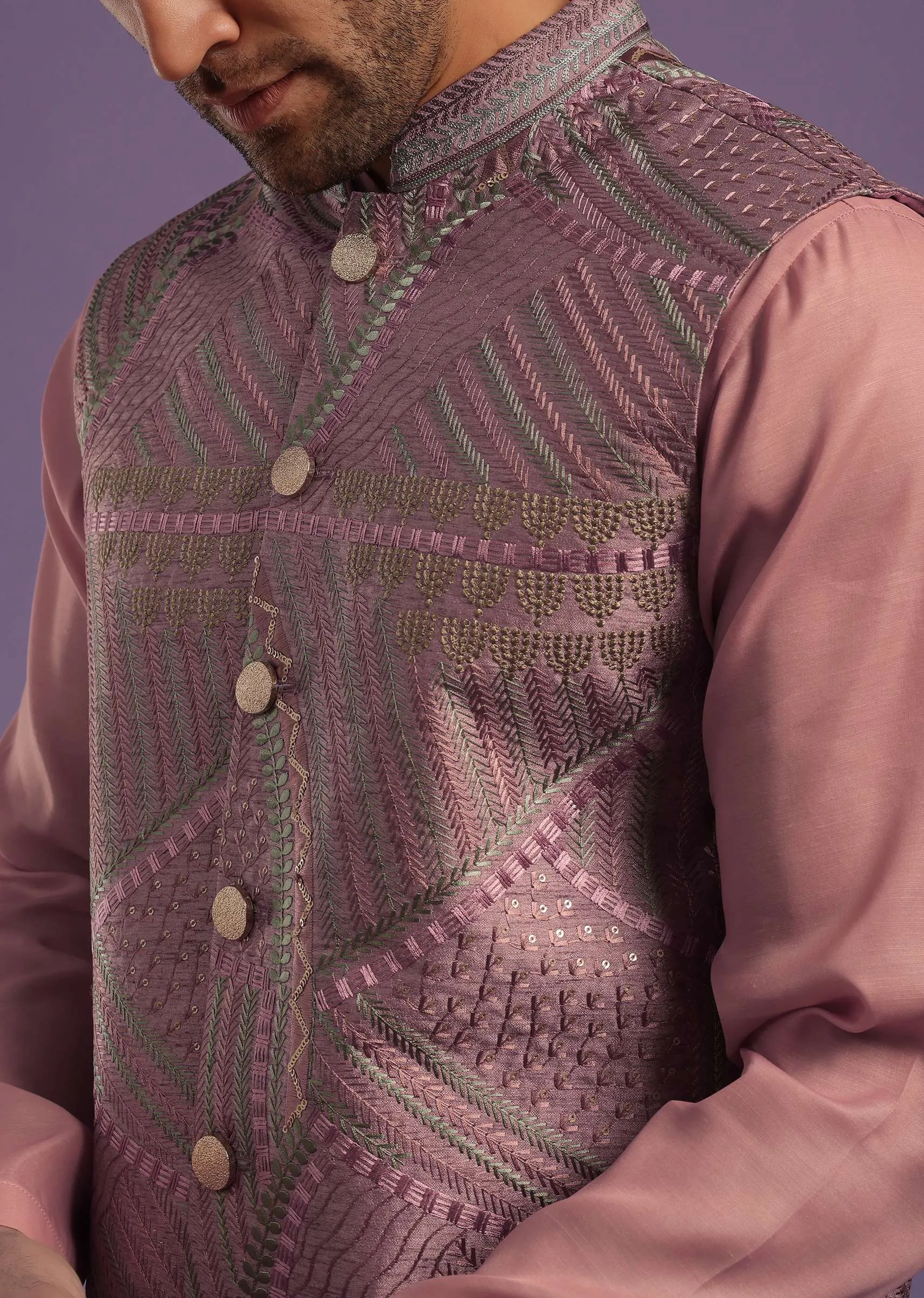 Dusty Pink Jacket Kurta Set In Art Silk With Machine Print And Thread Embroidery