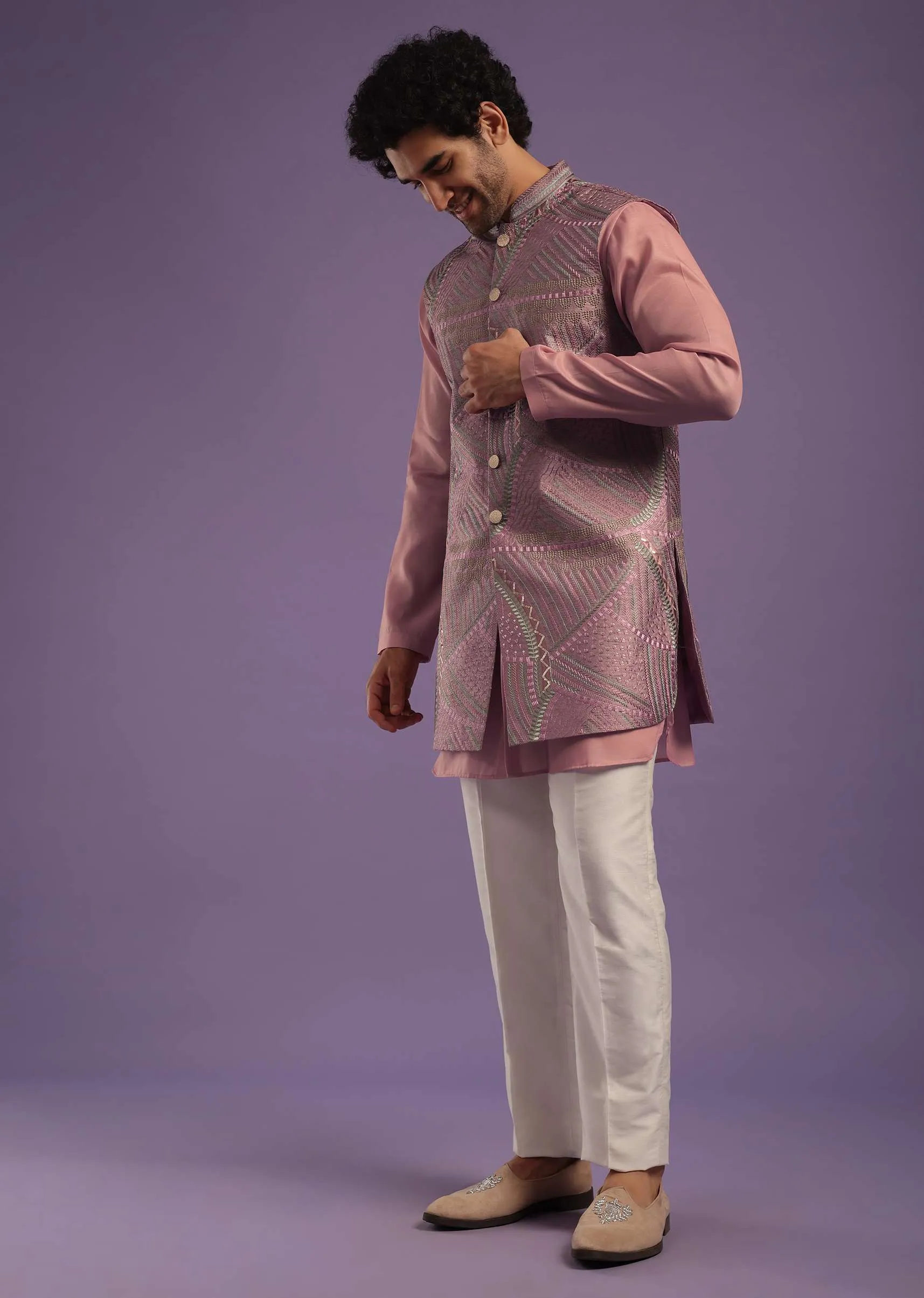 Dusty Pink Jacket Kurta Set In Art Silk With Machine Print And Thread Embroidery