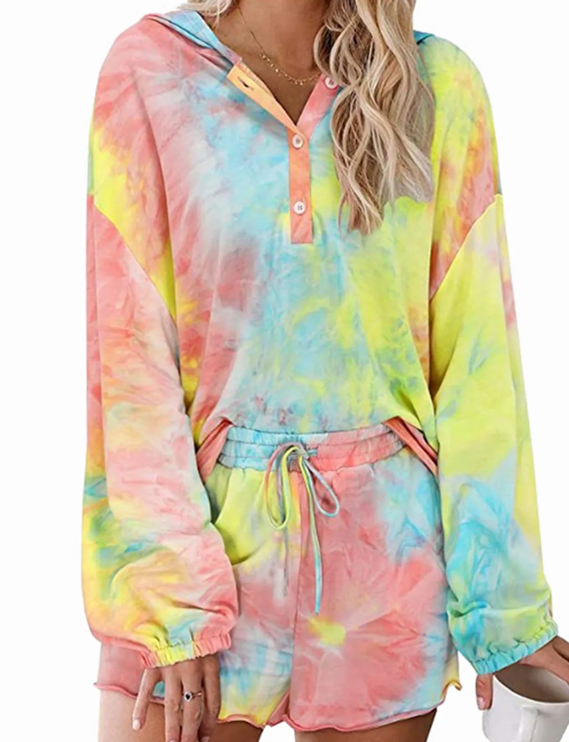 Gradient tie-dye hooded long sleeved homewear pajamas-2