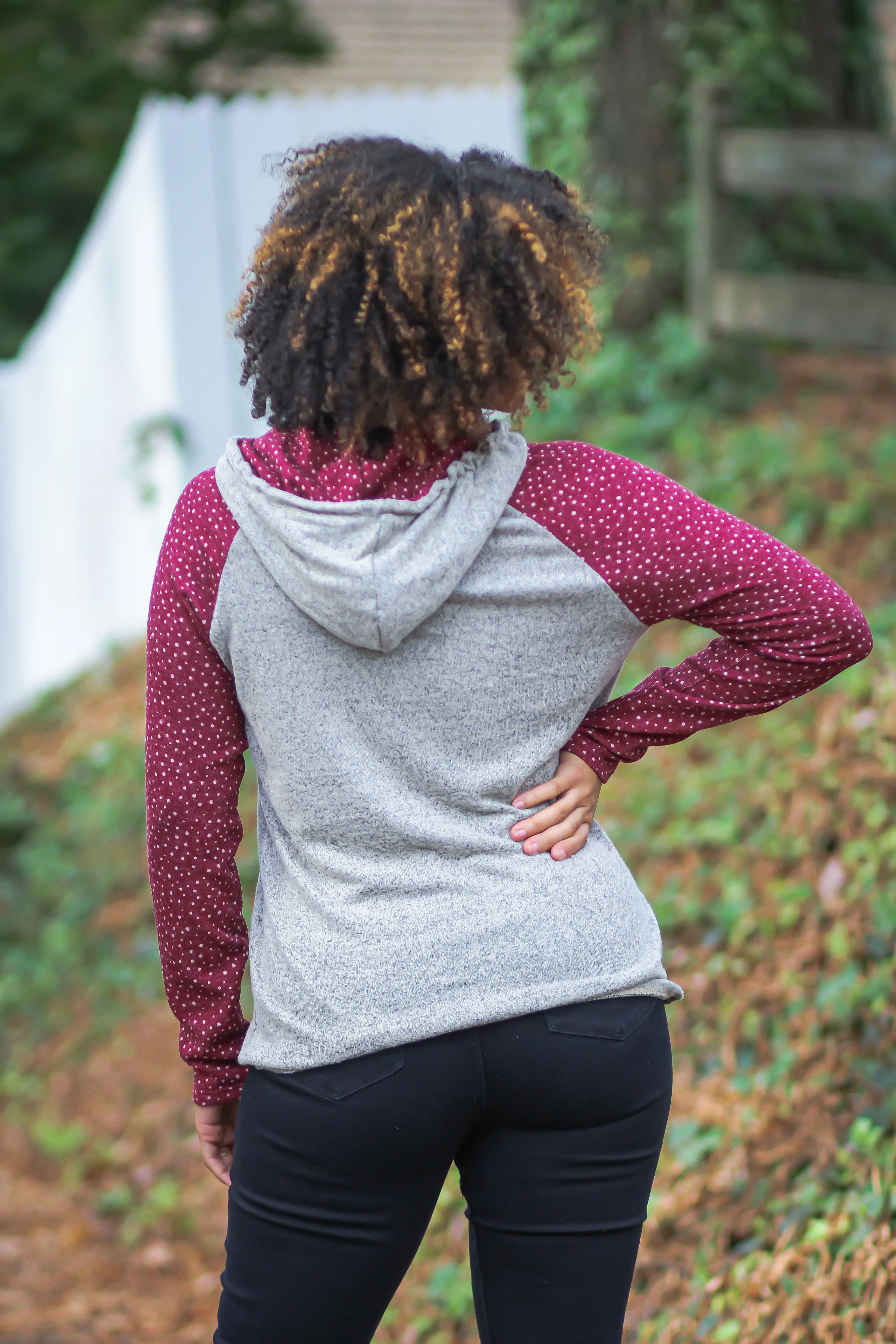 Heather Oatmeal & Wine Dot Hooded Top