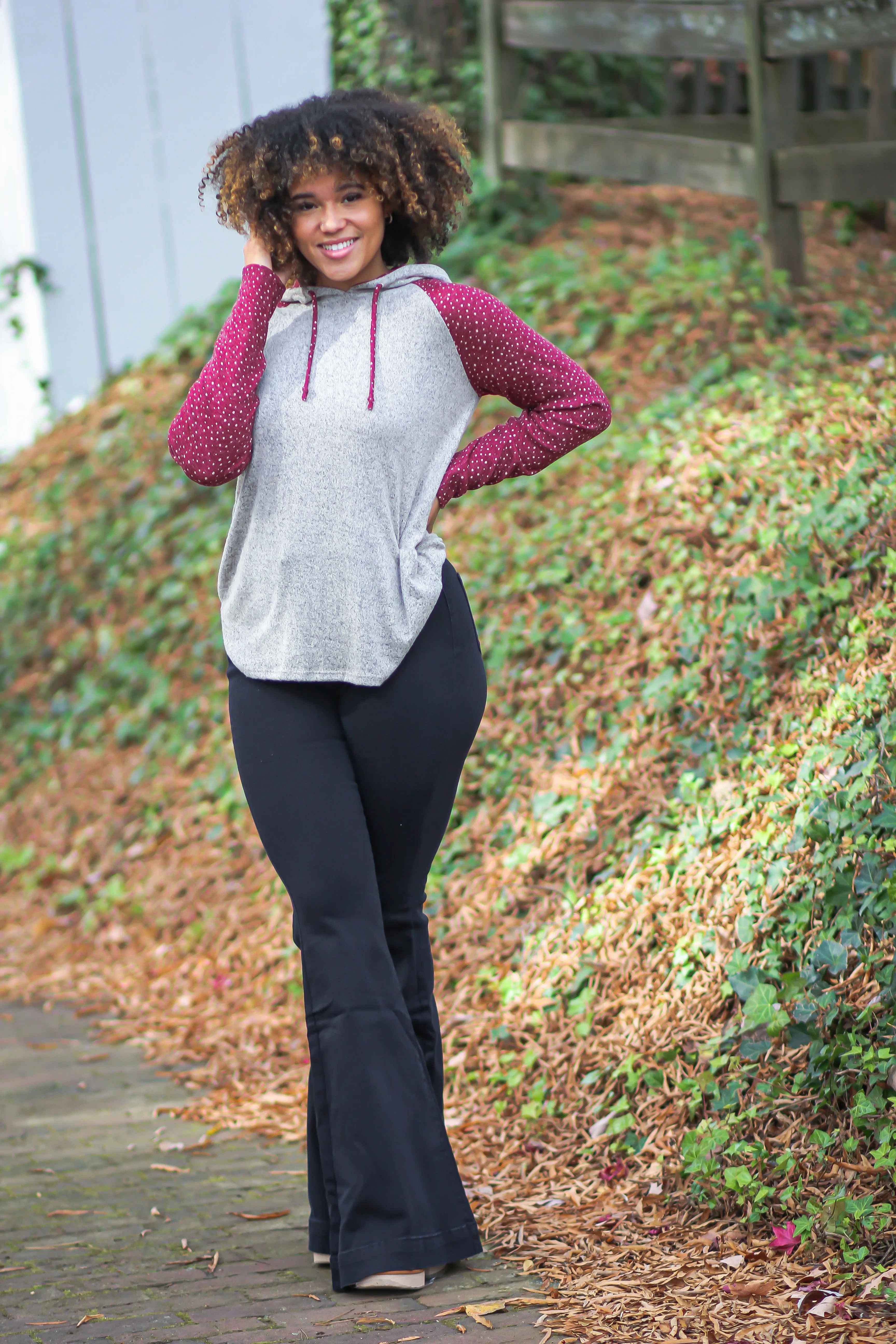 Heather Oatmeal & Wine Dot Hooded Top