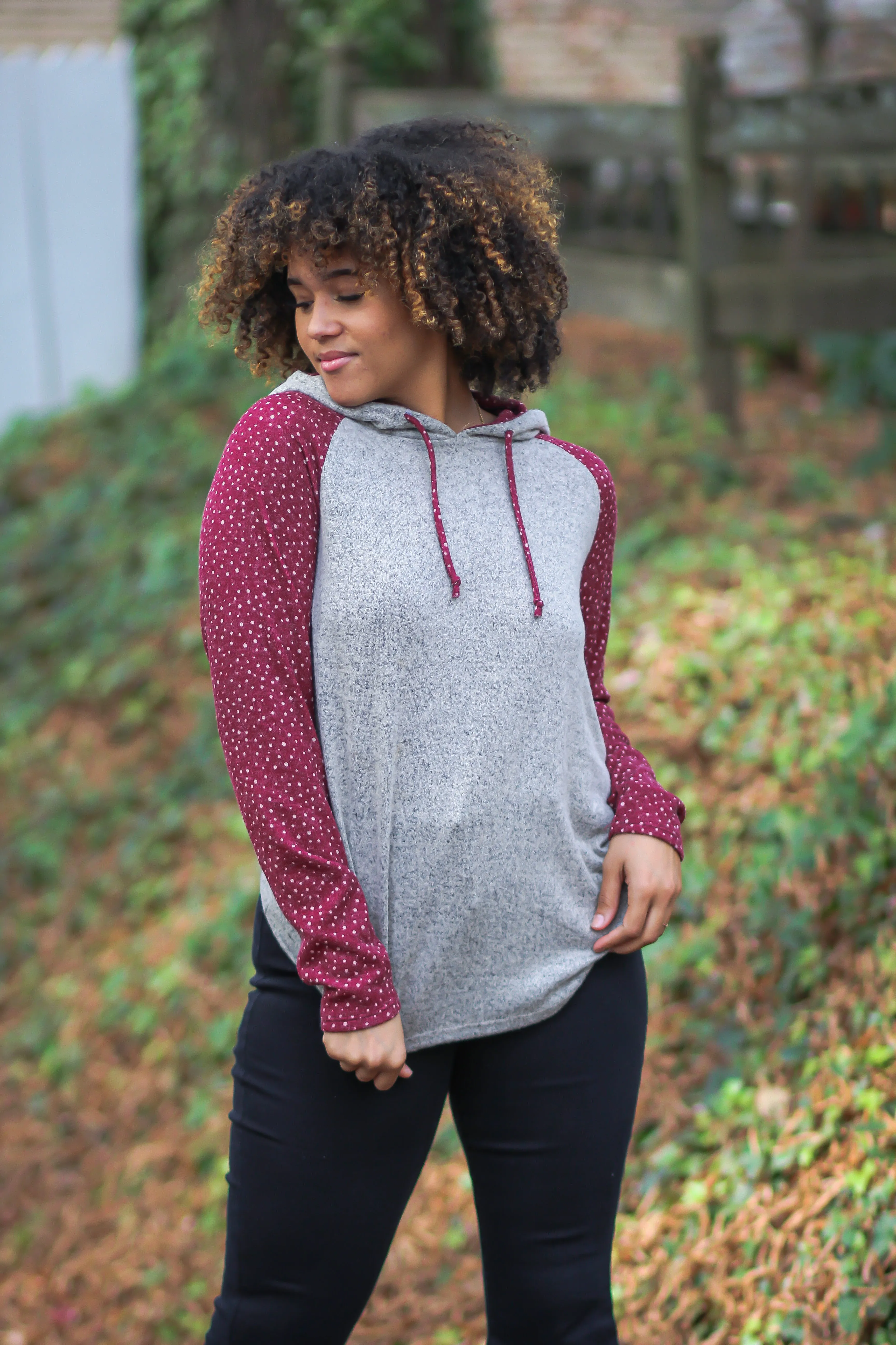 Heather Oatmeal & Wine Dot Hooded Top