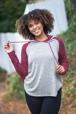 Heather Oatmeal & Wine Dot Hooded Top