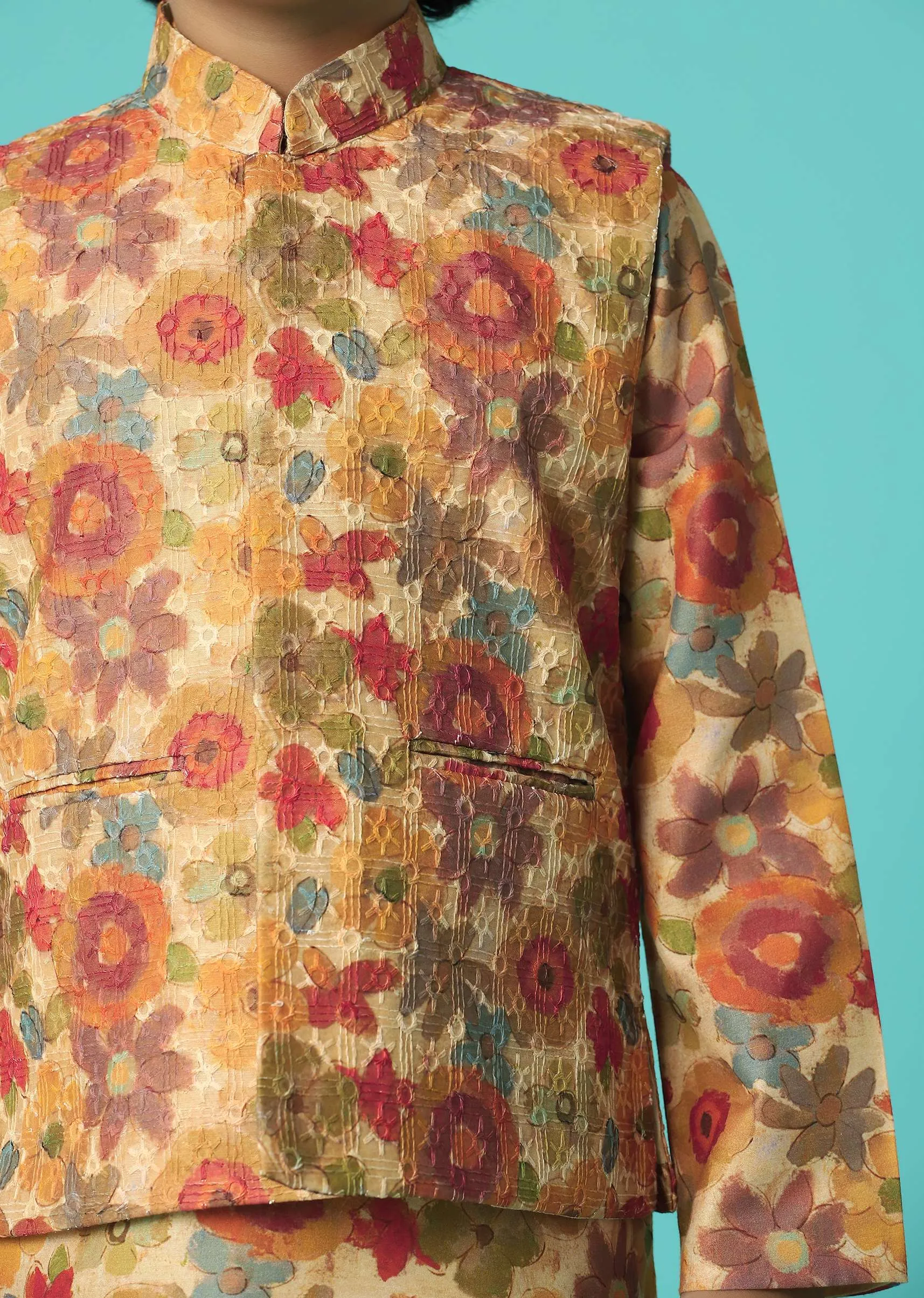 Kalki Mustard Yellow Silk Jacket Kurta Set With Floral Print For Boys