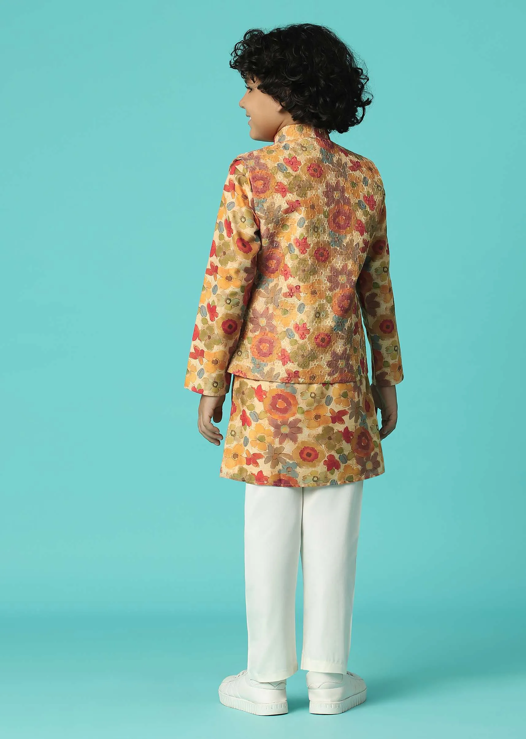 Kalki Mustard Yellow Silk Jacket Kurta Set With Floral Print For Boys