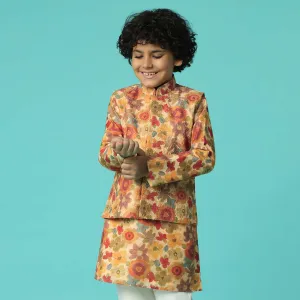 Kalki Mustard Yellow Silk Jacket Kurta Set With Floral Print For Boys