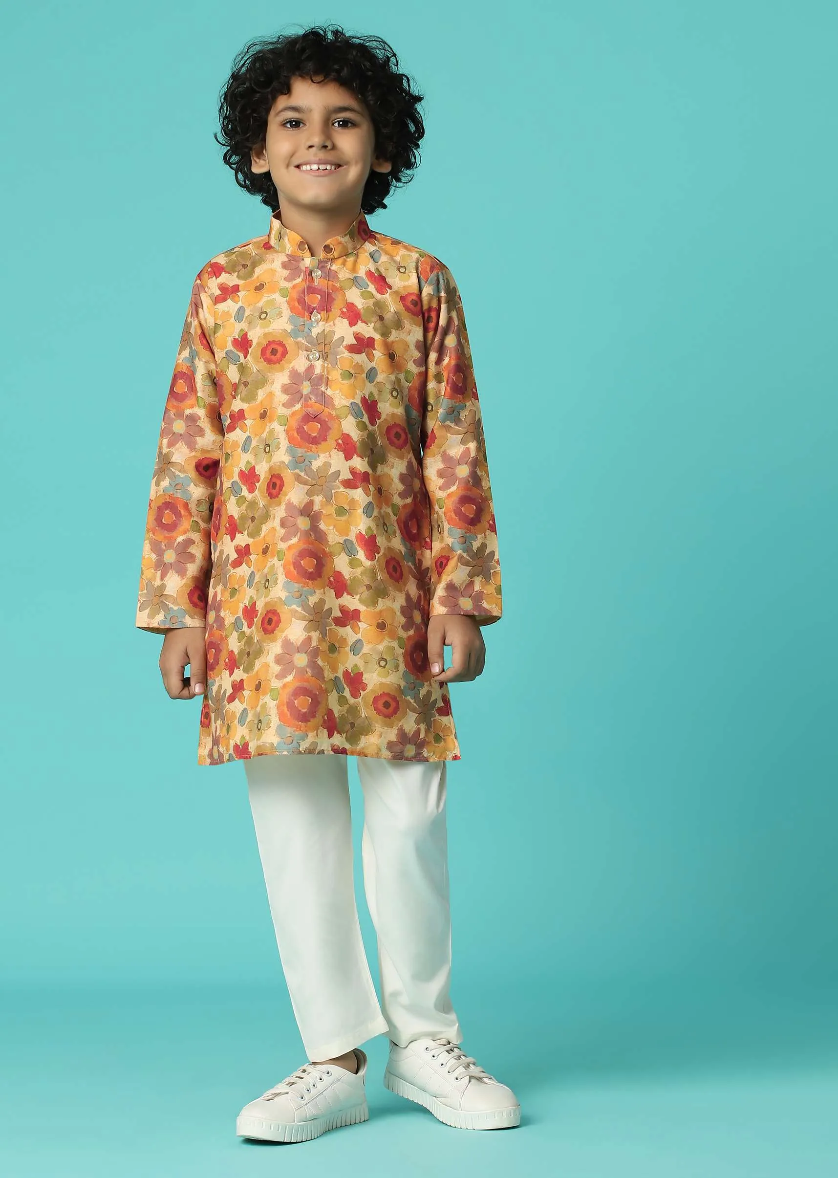Kalki Mustard Yellow Silk Jacket Kurta Set With Floral Print For Boys
