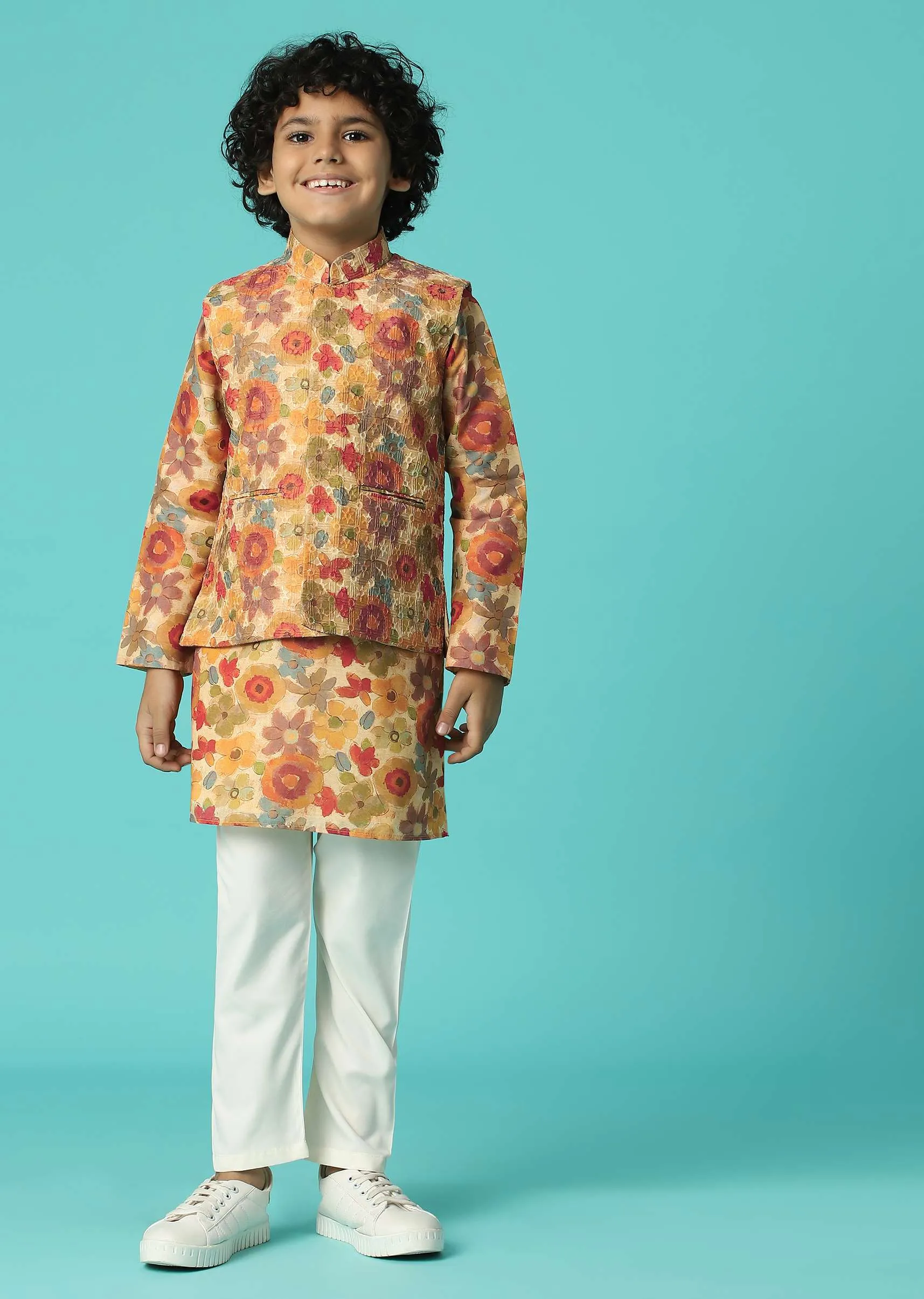 Kalki Mustard Yellow Silk Jacket Kurta Set With Floral Print For Boys