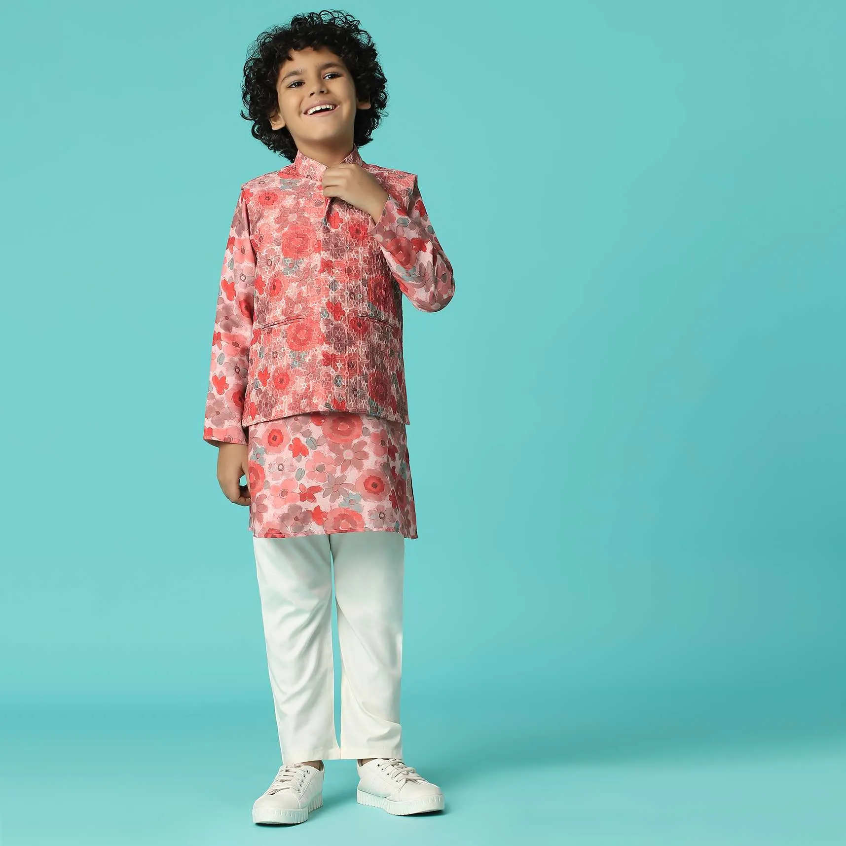 Kalki Powder Pink Jacket Kurta Set In Silk With Floral Print For Boys