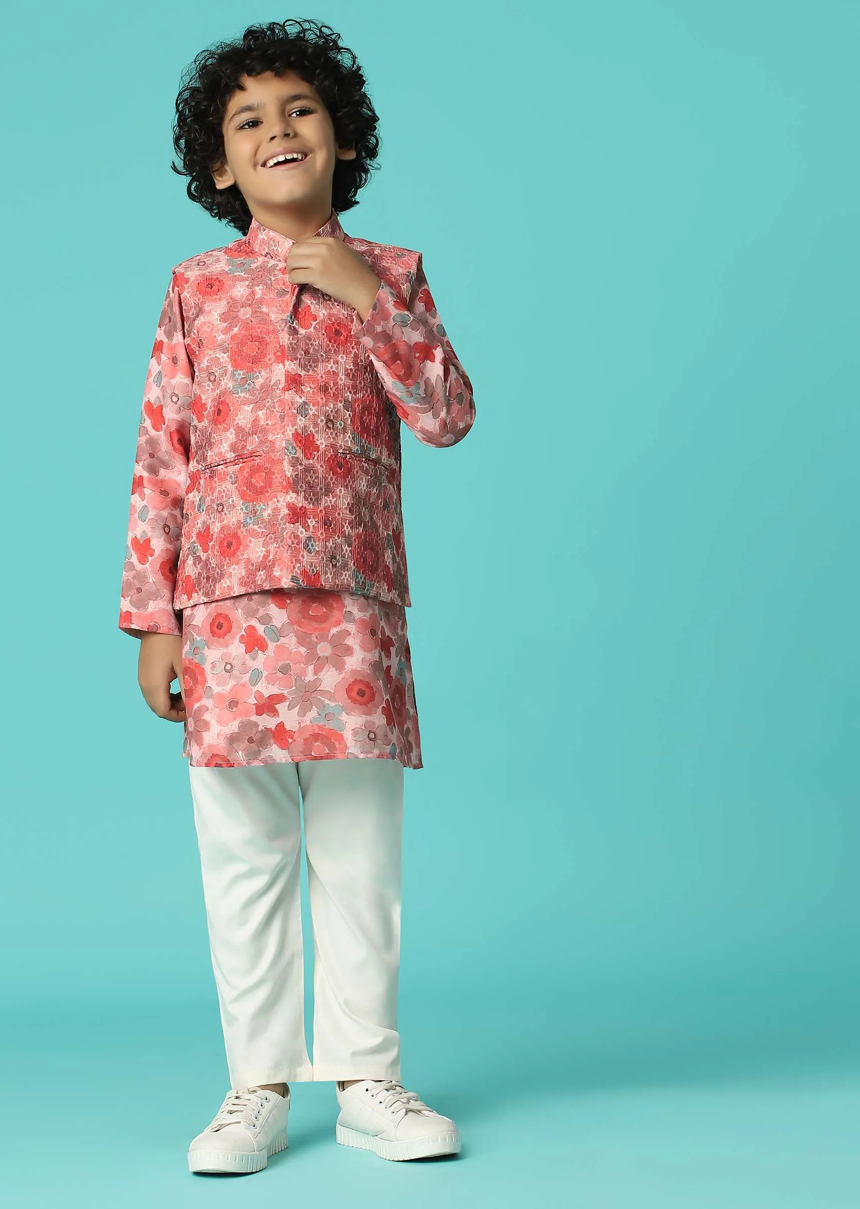 Kalki Powder Pink Jacket Kurta Set In Silk With Floral Print For Boys