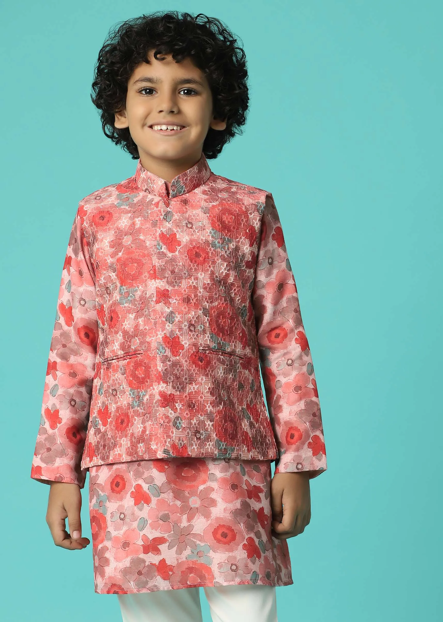 Kalki Powder Pink Jacket Kurta Set In Silk With Floral Print For Boys