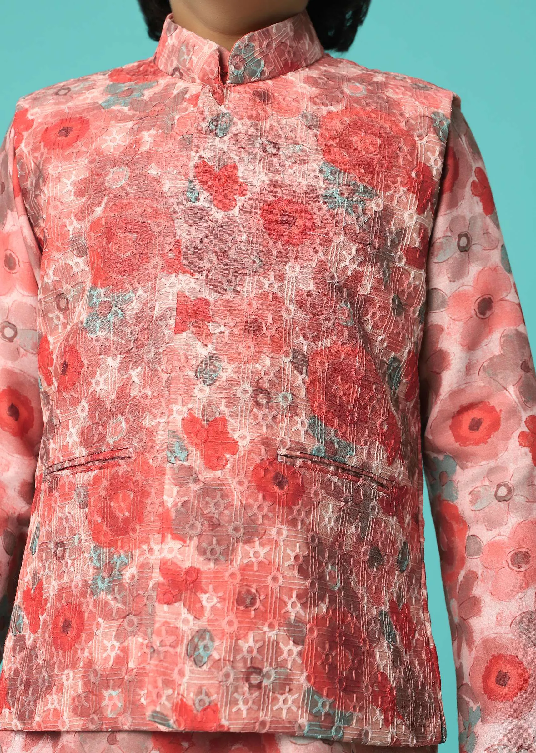 Kalki Powder Pink Jacket Kurta Set In Silk With Floral Print For Boys