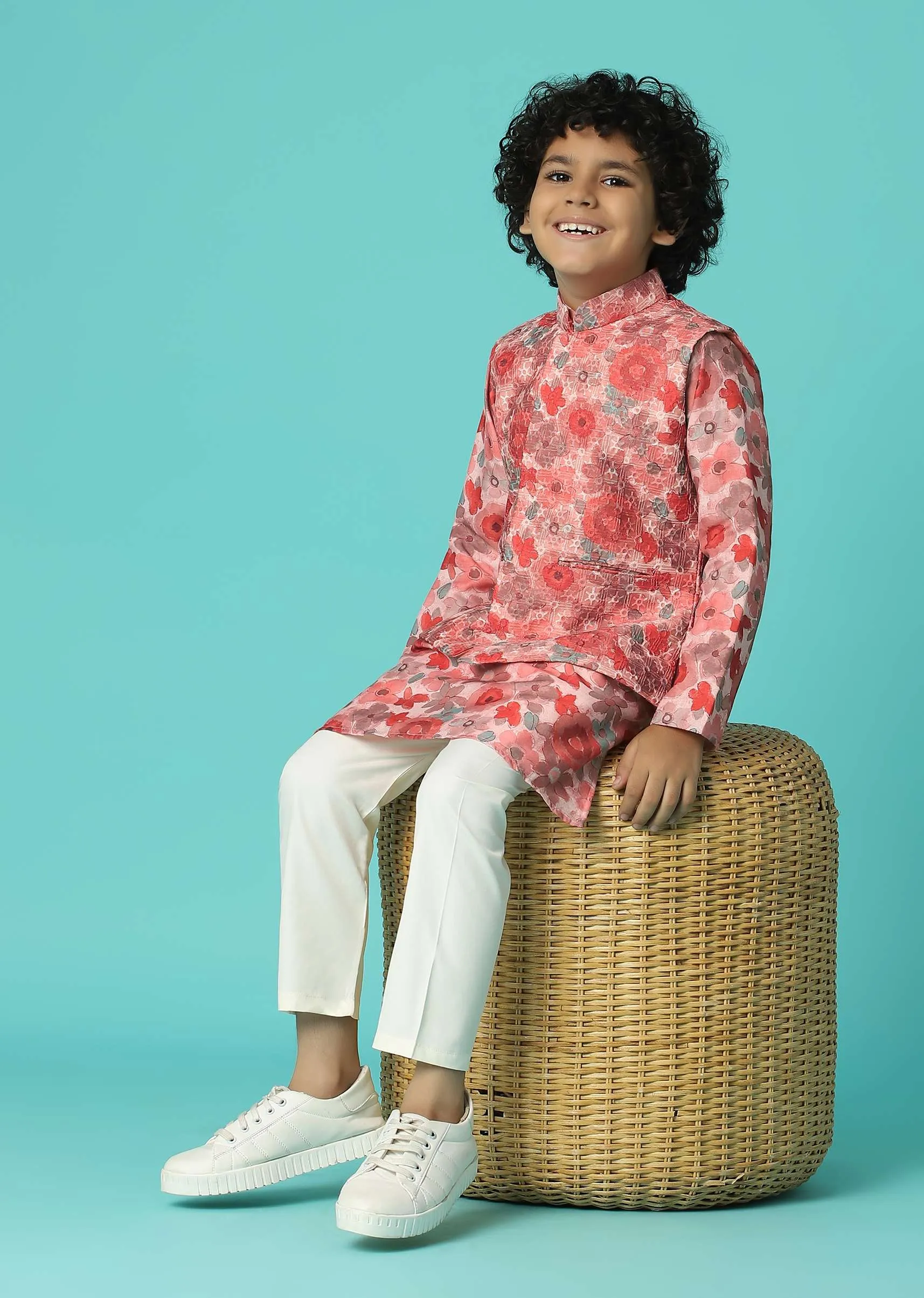 Kalki Powder Pink Jacket Kurta Set In Silk With Floral Print For Boys
