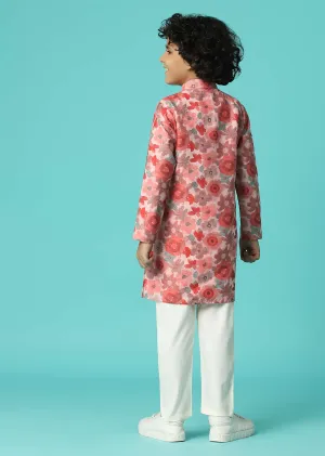 Kalki Powder Pink Jacket Kurta Set In Silk With Floral Print For Boys