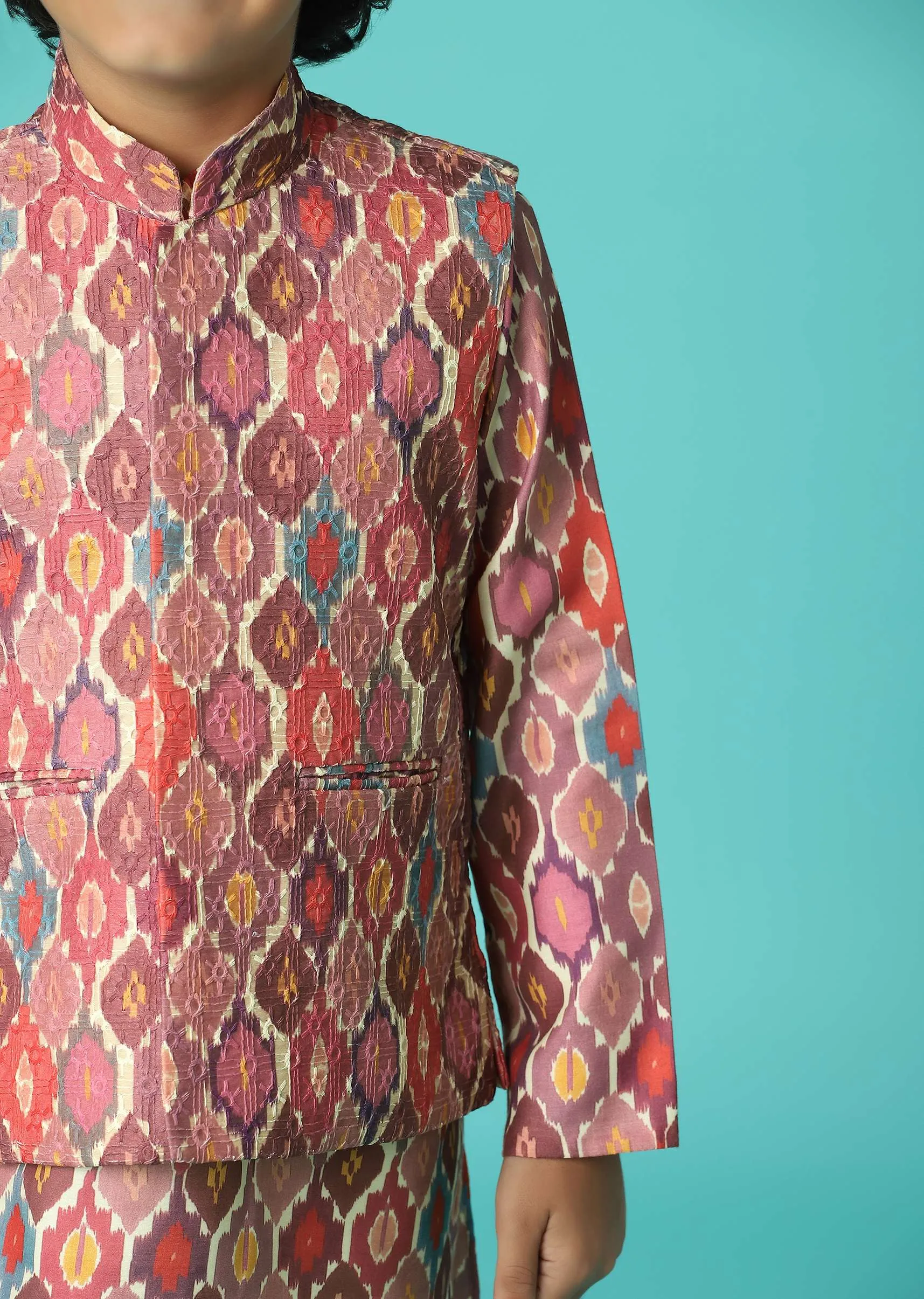 Kalki Printed Petal Pink Jacket Kurta Set In Silk