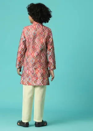Kalki Printed Petal Pink Jacket Kurta Set In Silk