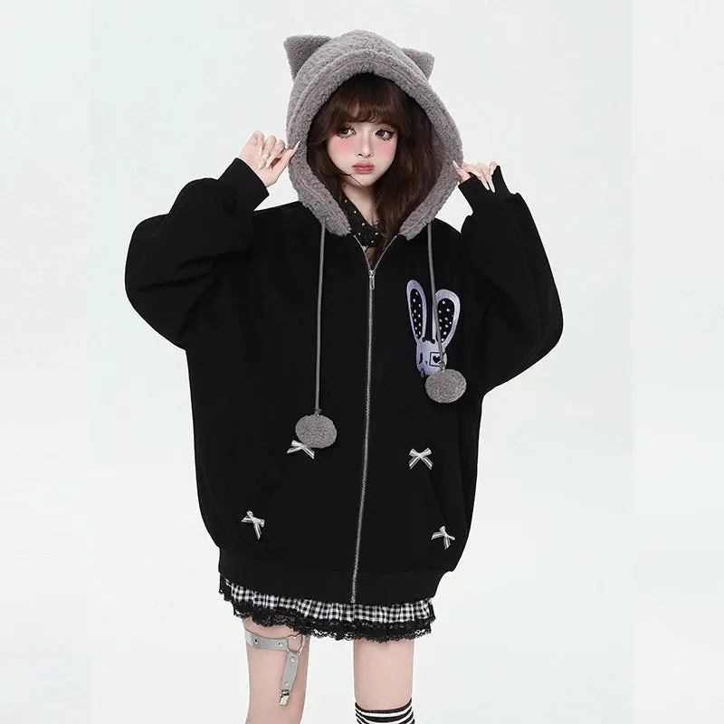 Kawaii Sweet Cartoon Cheese Bunny Print Hooded Sweatshirt