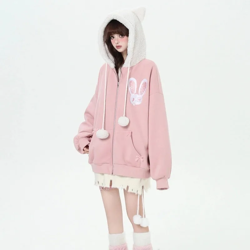 Kawaii Sweet Cartoon Cheese Bunny Print Hooded Sweatshirt