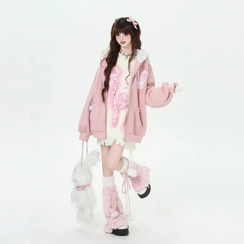 Kawaii Sweet Cartoon Cheese Bunny Print Hooded Sweatshirt