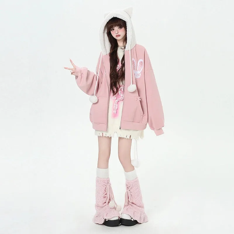 Kawaii Sweet Cartoon Cheese Bunny Print Hooded Sweatshirt