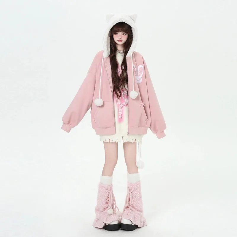 Kawaii Sweet Cartoon Cheese Bunny Print Hooded Sweatshirt