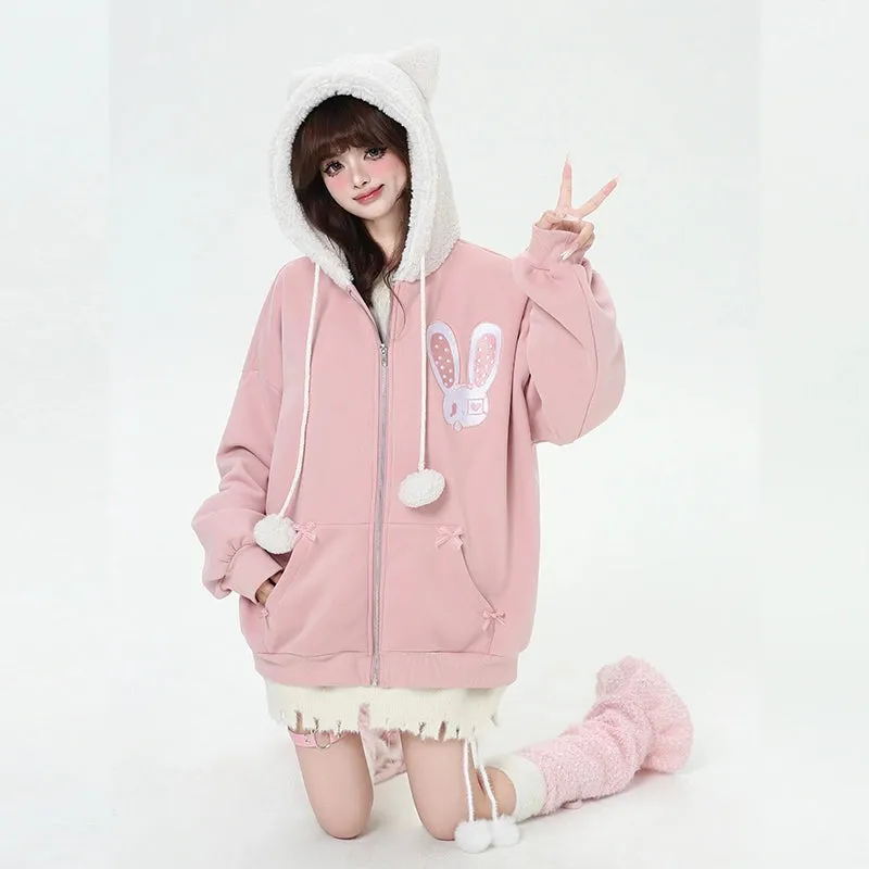 Kawaii Sweet Cartoon Cheese Bunny Print Hooded Sweatshirt