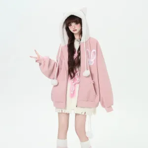 Kawaii Sweet Cartoon Cheese Bunny Print Hooded Sweatshirt