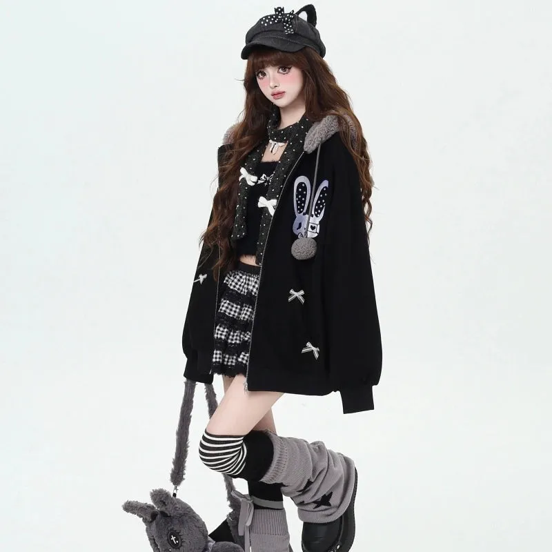 Kawaii Sweet Cartoon Cheese Bunny Print Hooded Sweatshirt