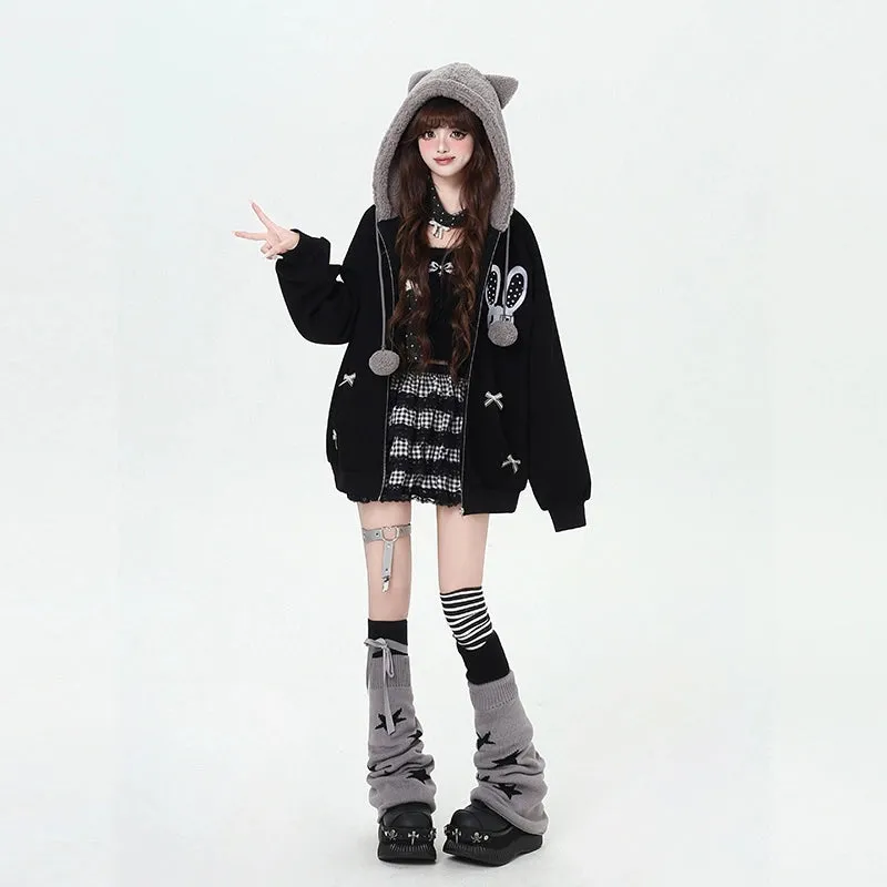 Kawaii Sweet Cartoon Cheese Bunny Print Hooded Sweatshirt