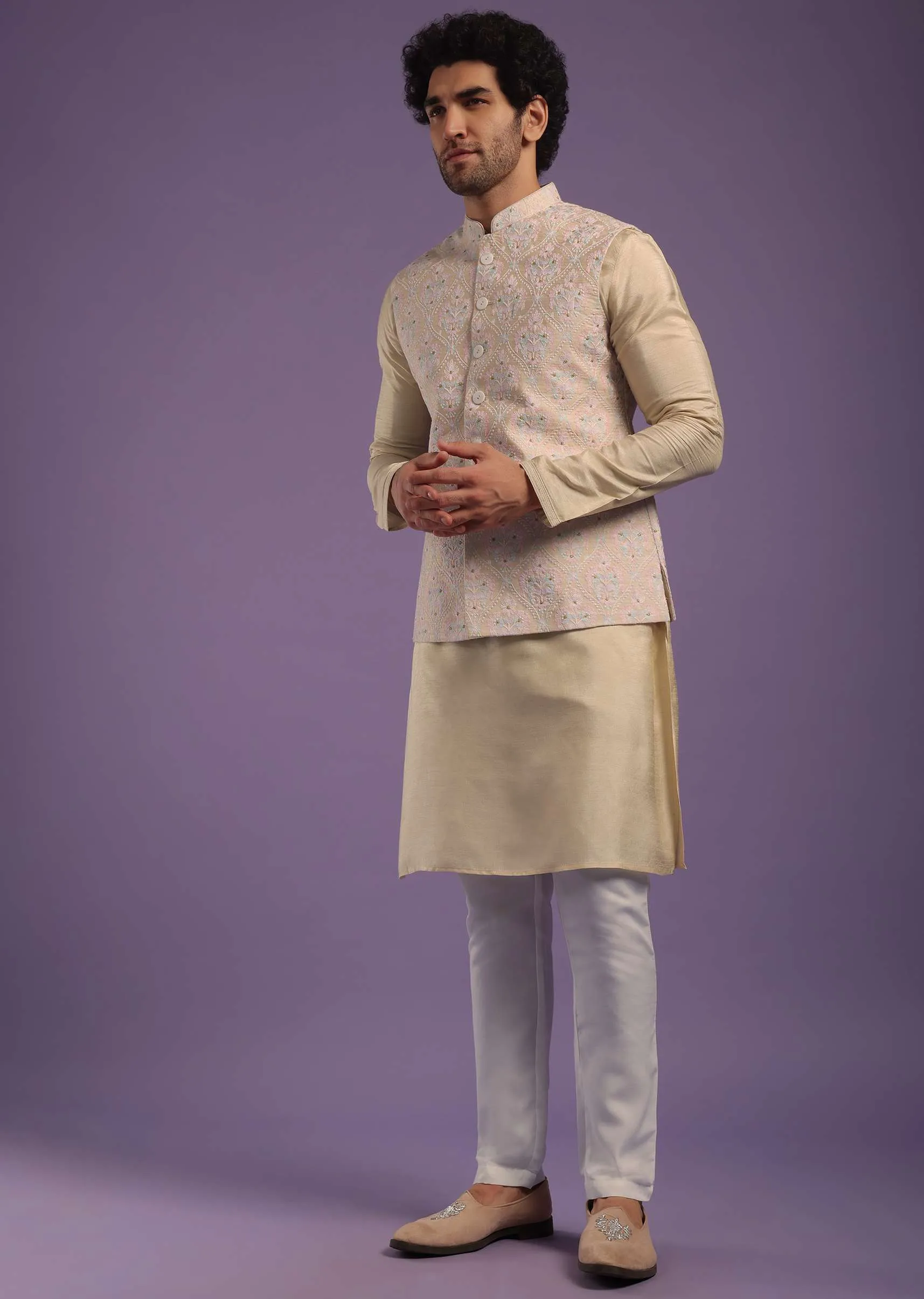 Light Gold Jacket Kurta Set In Art Silk With Machine Print