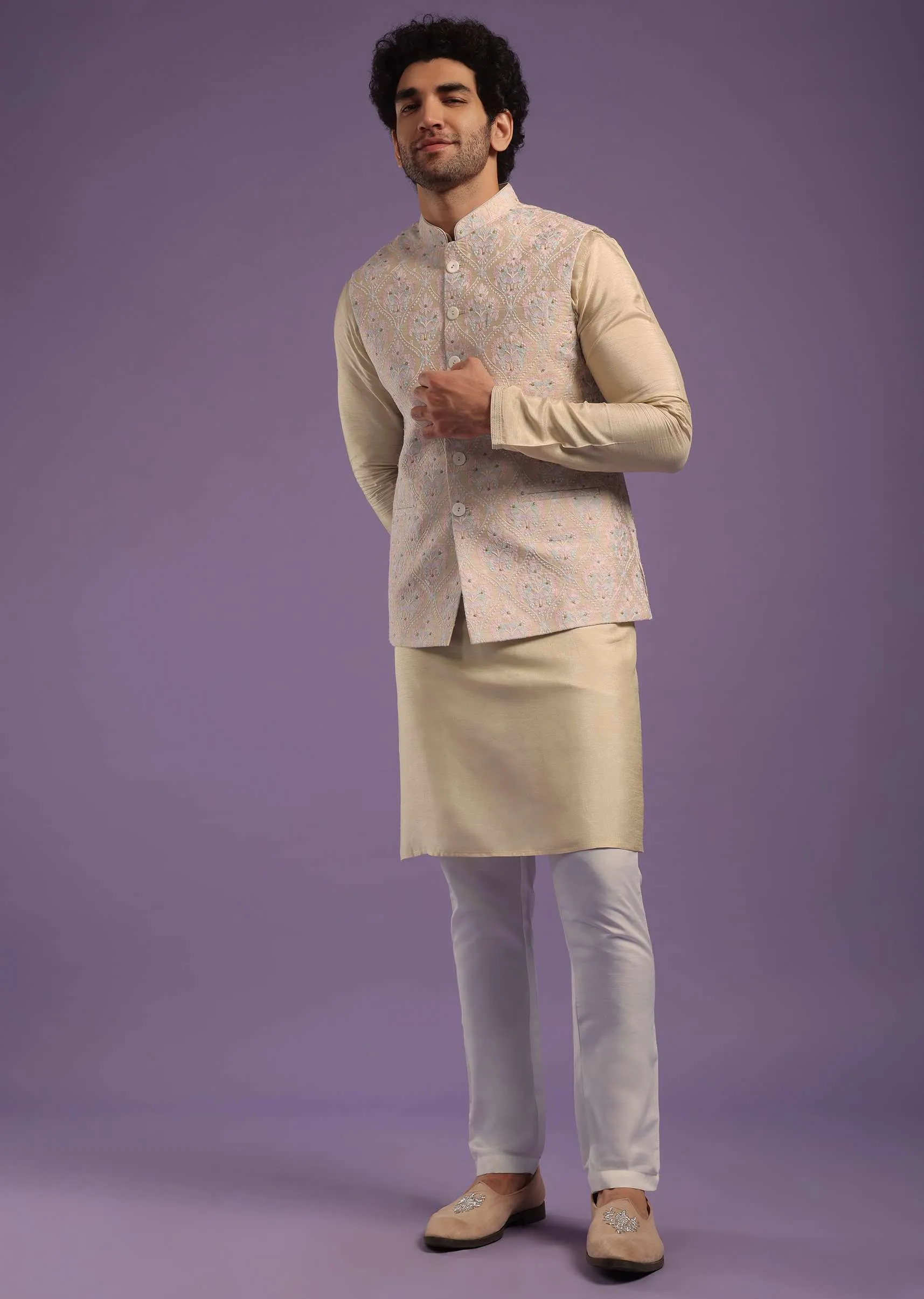 Light Gold Jacket Kurta Set In Art Silk With Machine Print
