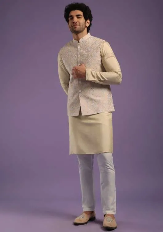 Light Gold Jacket Kurta Set In Art Silk With Machine Print