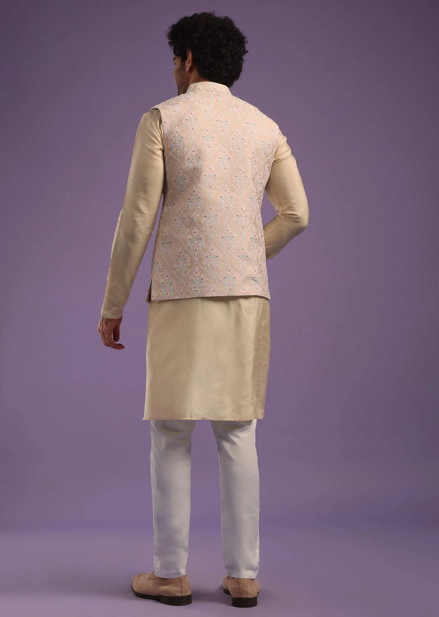 Light Gold Jacket Kurta Set In Art Silk With Machine Print