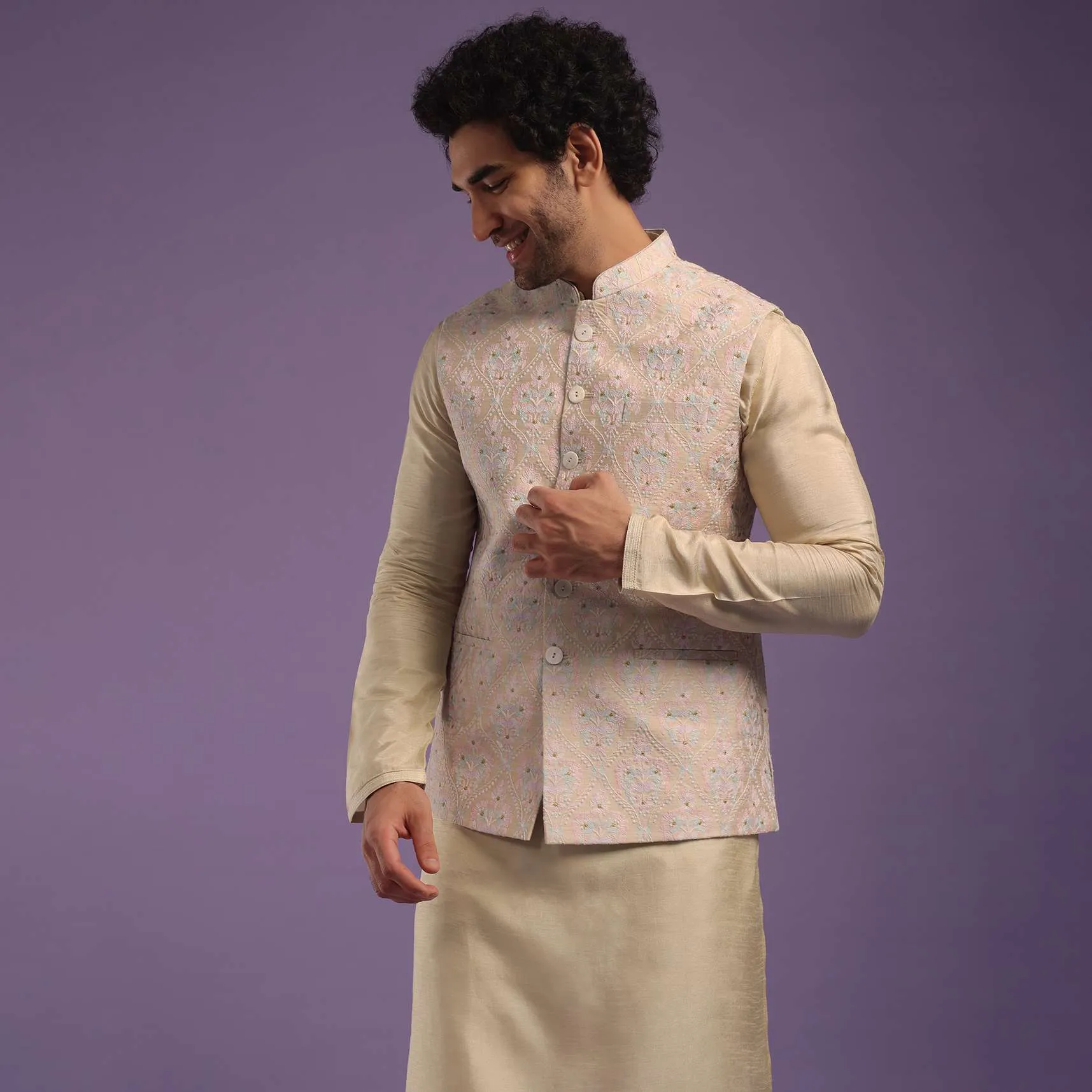 Light Gold Jacket Kurta Set In Art Silk With Machine Print