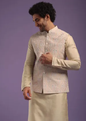 Light Gold Jacket Kurta Set In Art Silk With Machine Print