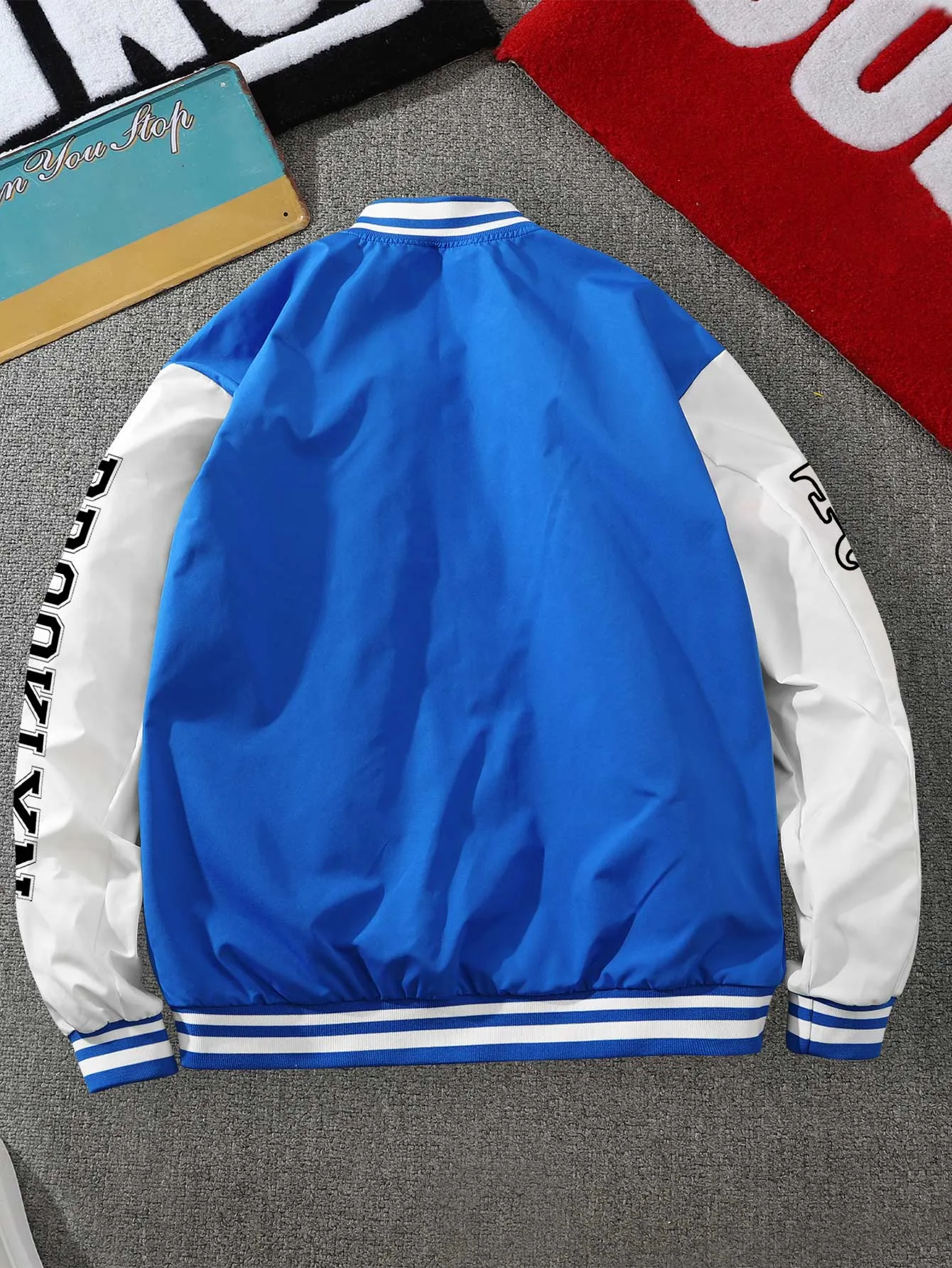 Manfinity EMRG Loose Fit Men's Slogan Graphic Striped Trim Varsity Jacket