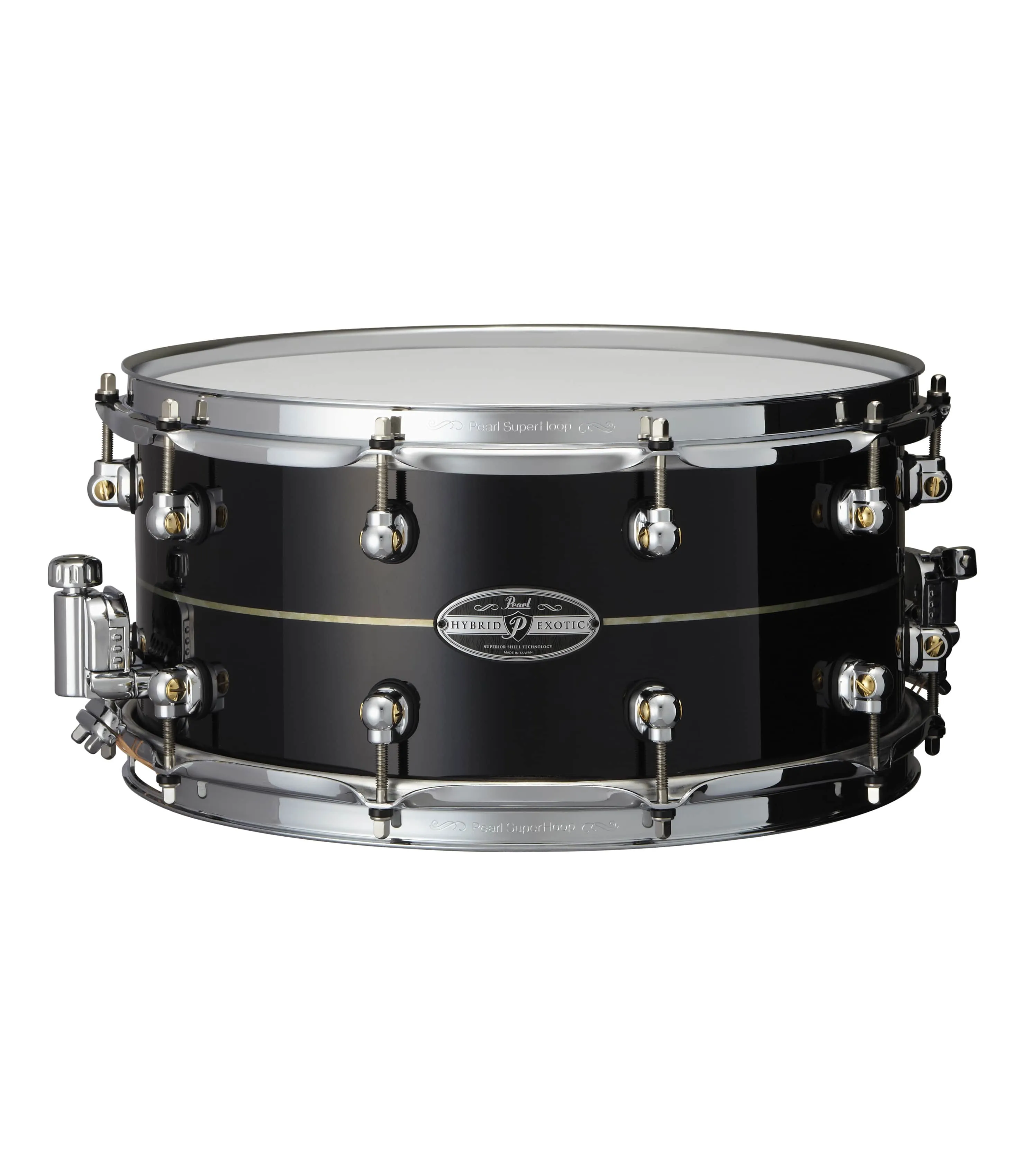 Pearl HEK1465-308 14x6.5inch Hybrid Exotic Kapur Fiberglass Snare Drum, Ebony Lacquer w/Pearl Inlay