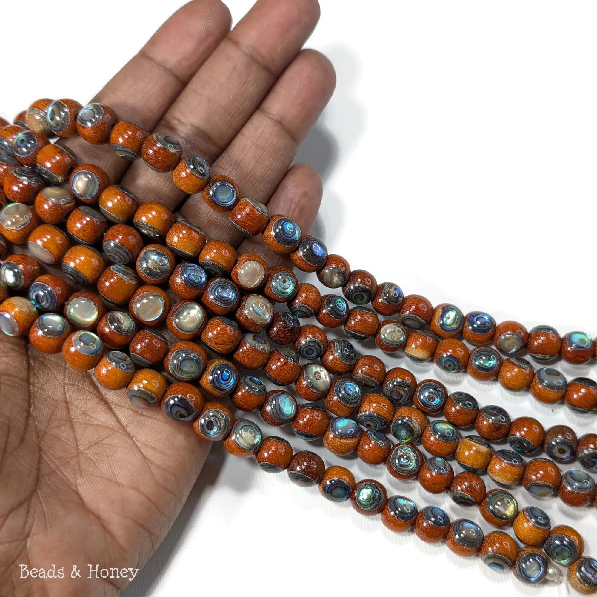 Sibucao Wood Bead with Abalone Shell Inlay Round 9mm (8-Inch Strand)