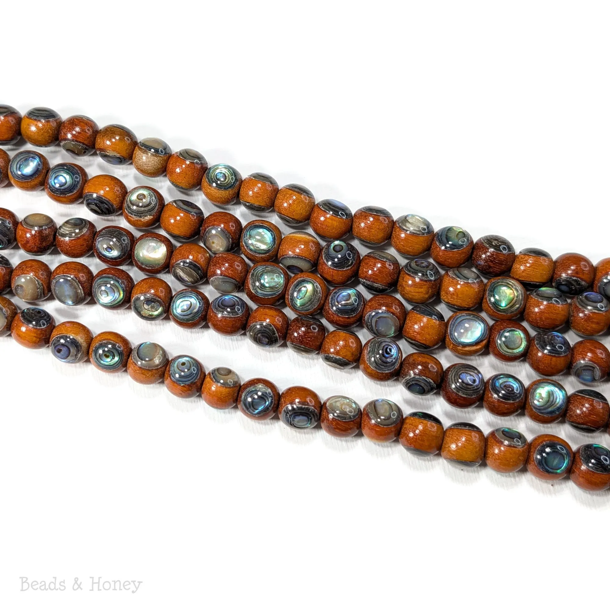 Sibucao Wood Bead with Abalone Shell Inlay Round 9mm (8-Inch Strand)